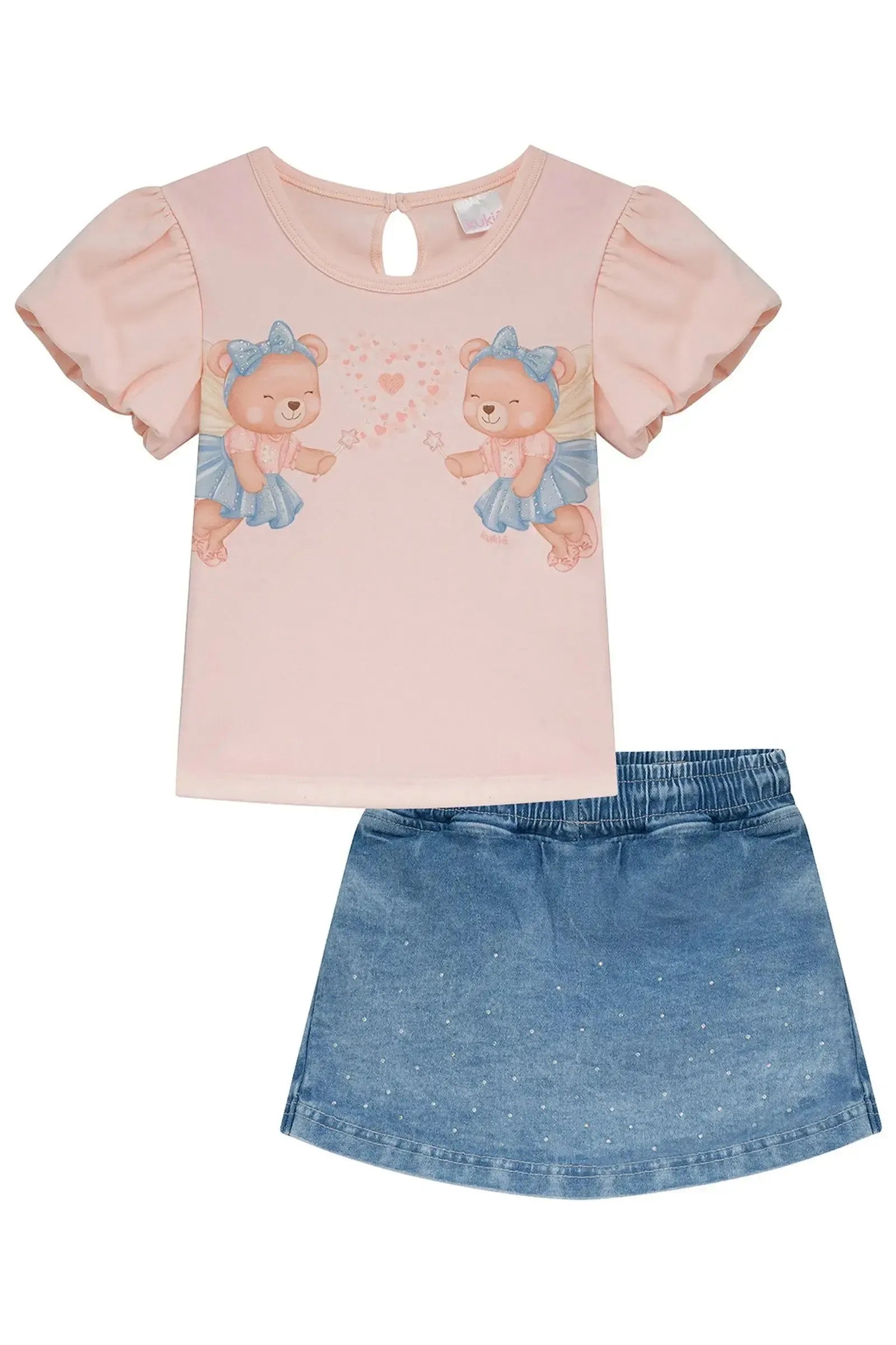 Conjunto de Blusa em Cotton e Short Saia em Jeans com Elastano 95252 Kukiê Infantil Menina