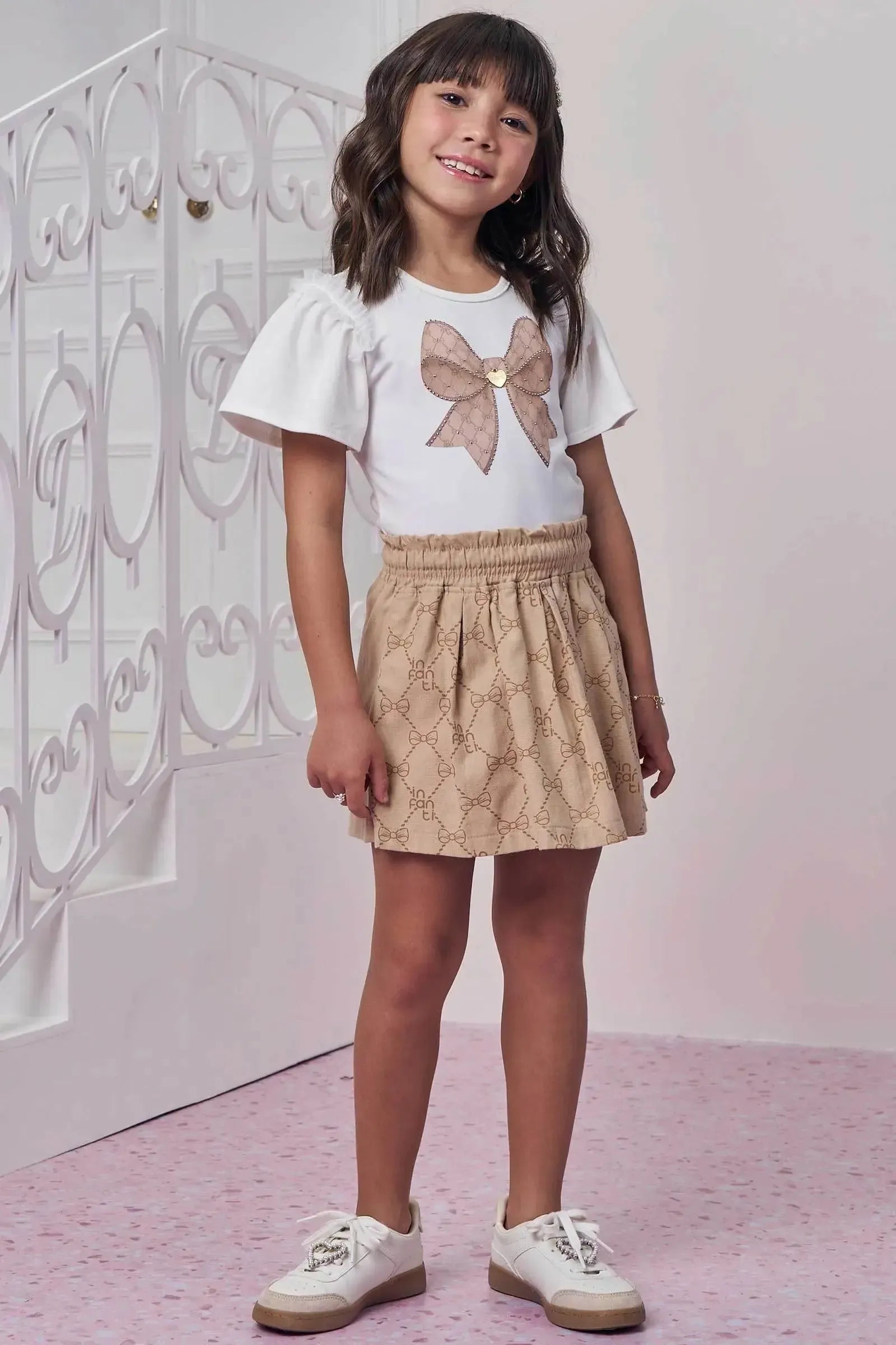 Conjunto de Blusa em Cotton e Short Saia em Linho com Elastano 98783 Infanti Infantil Menina