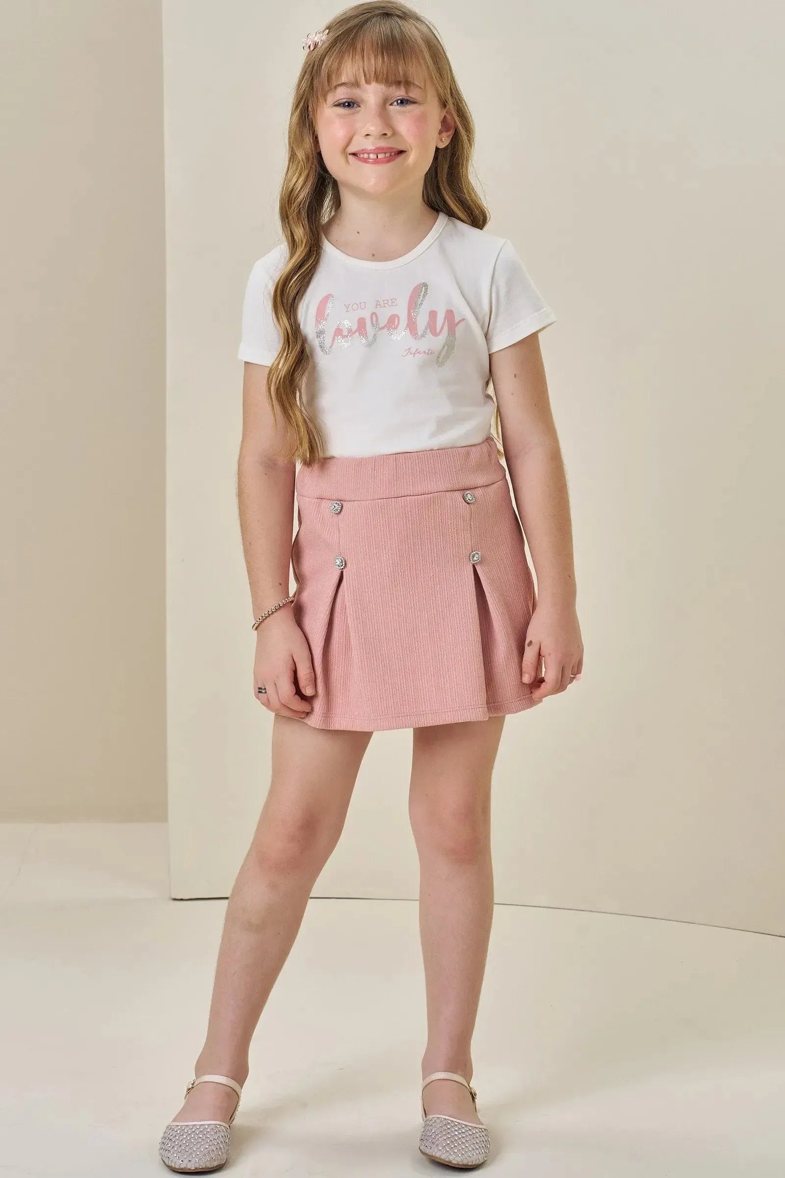 Conjunto de Blusa em Cotton e Short Saia em Malha Jacquard 85294 Infanti Infantil Menina