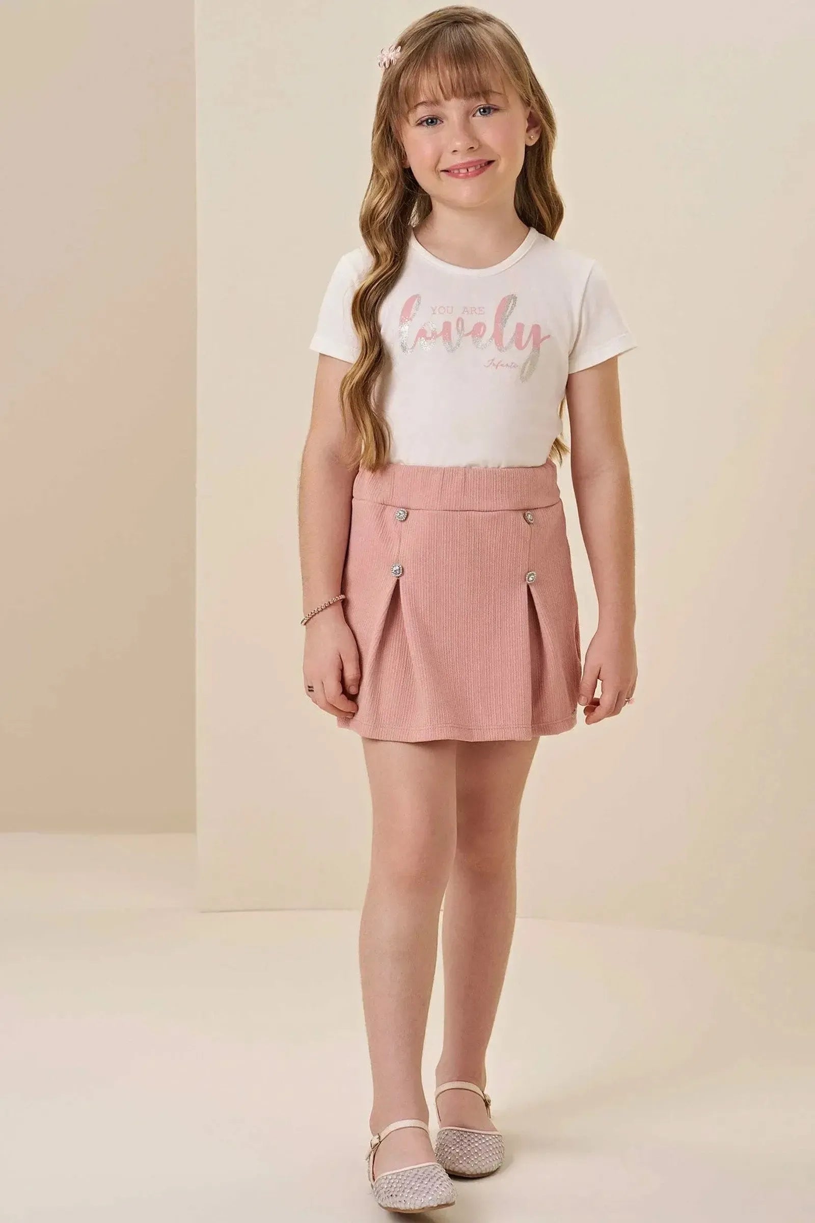 Conjunto de Blusa em Cotton e Short Saia em Malha Jacquard 85294 Infanti Infantil Menina