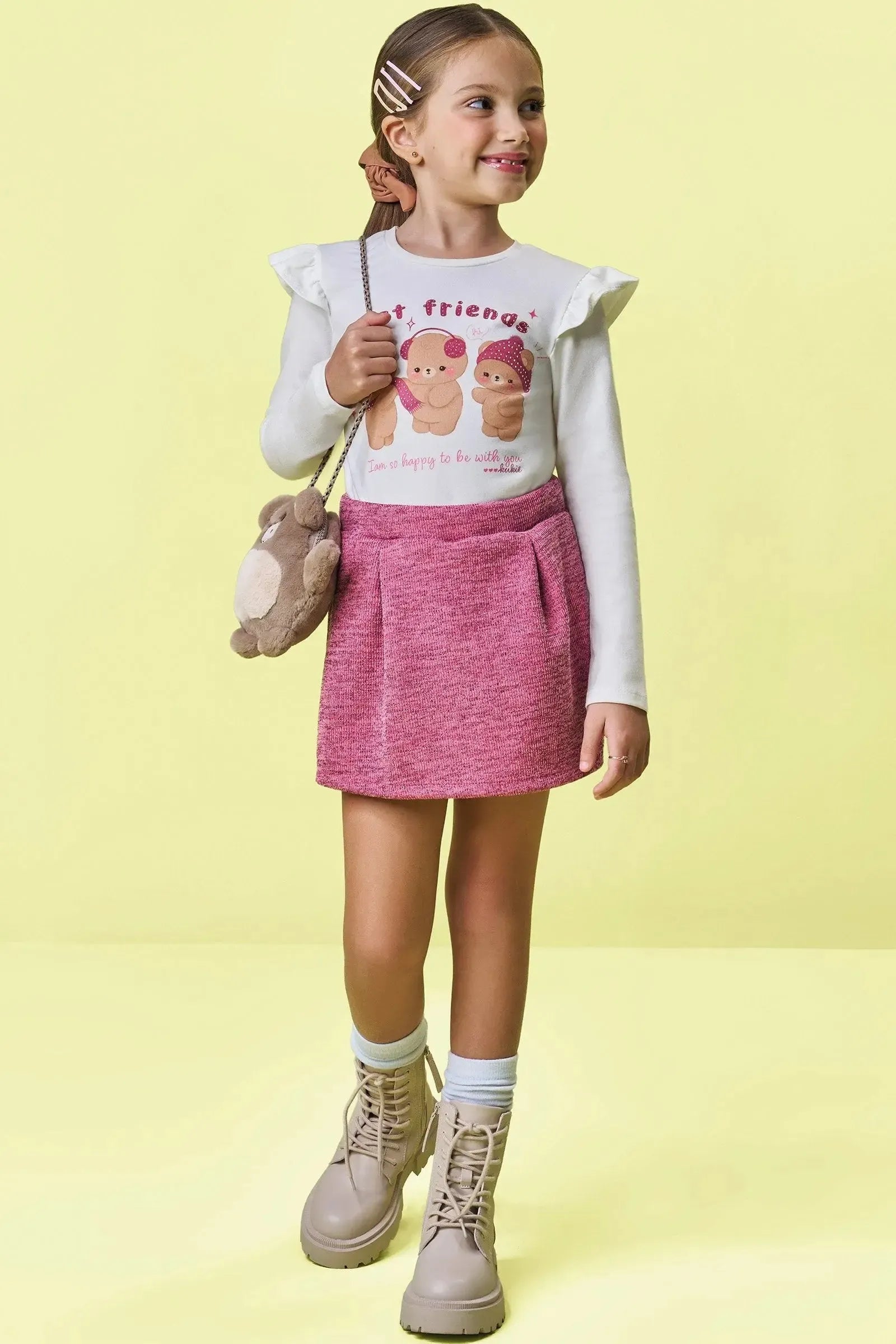 Conjunto de Blusa em Cotton e Short Saia em Malha Shine 92679 Kukiê Infantil Menina