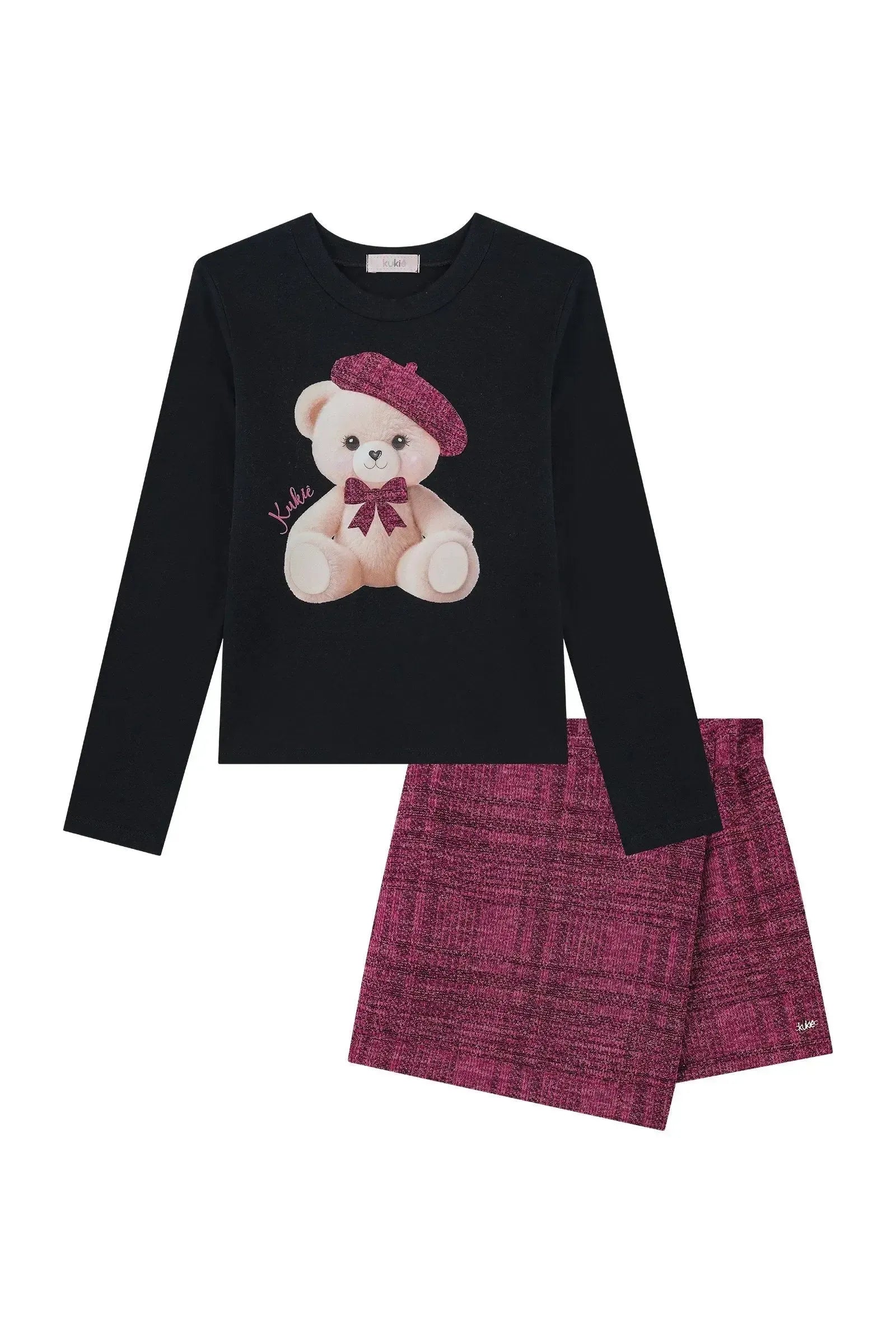 Conjunto de Blusa em Cotton e Short Saia em Malha Tweed Brilho 92501 Kukiê Infantil Menina