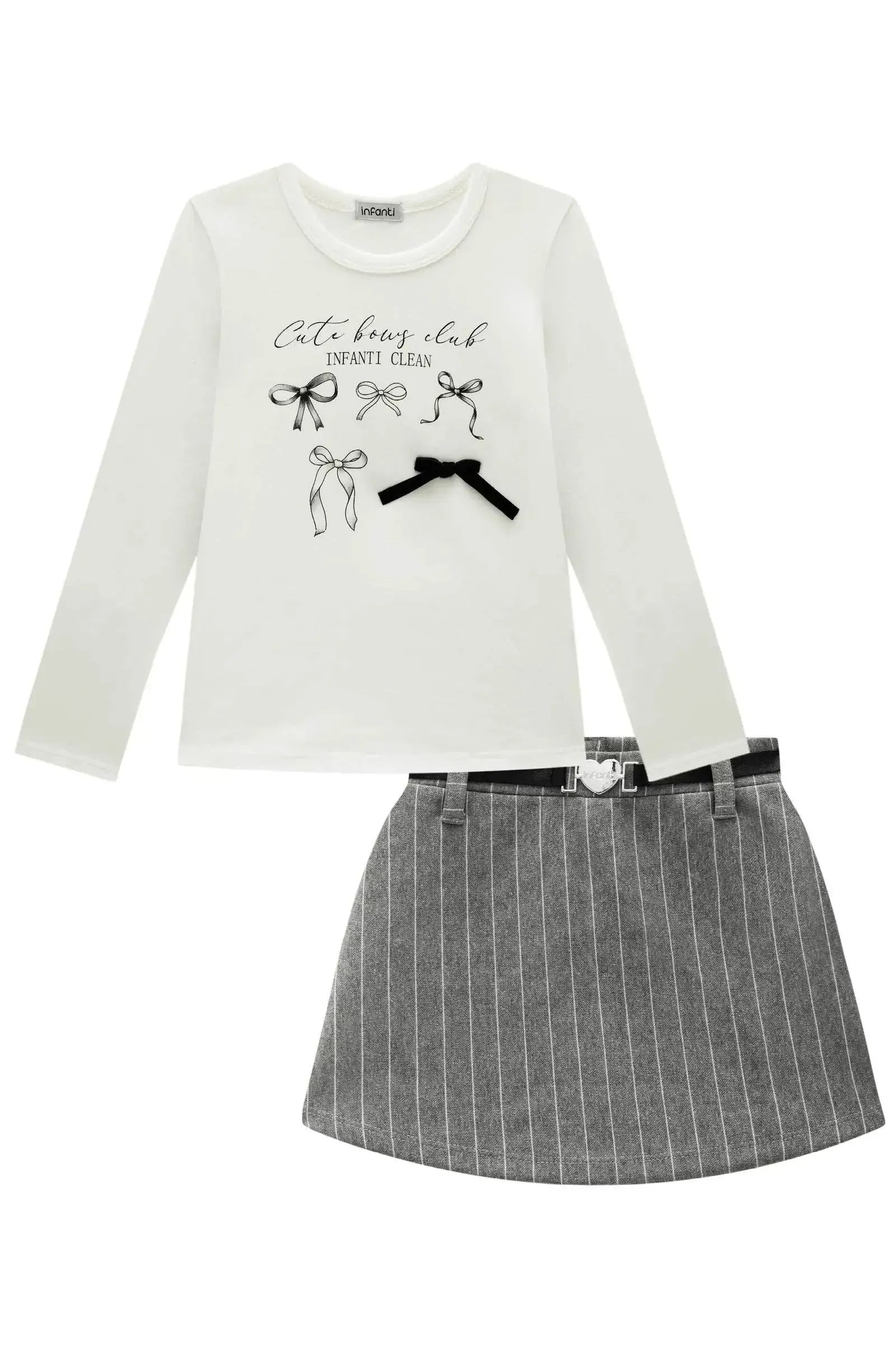 Conjunto de Blusa em Cotton e Short Saia em Malhão Listrado 92181 Infanti Infantil Menina