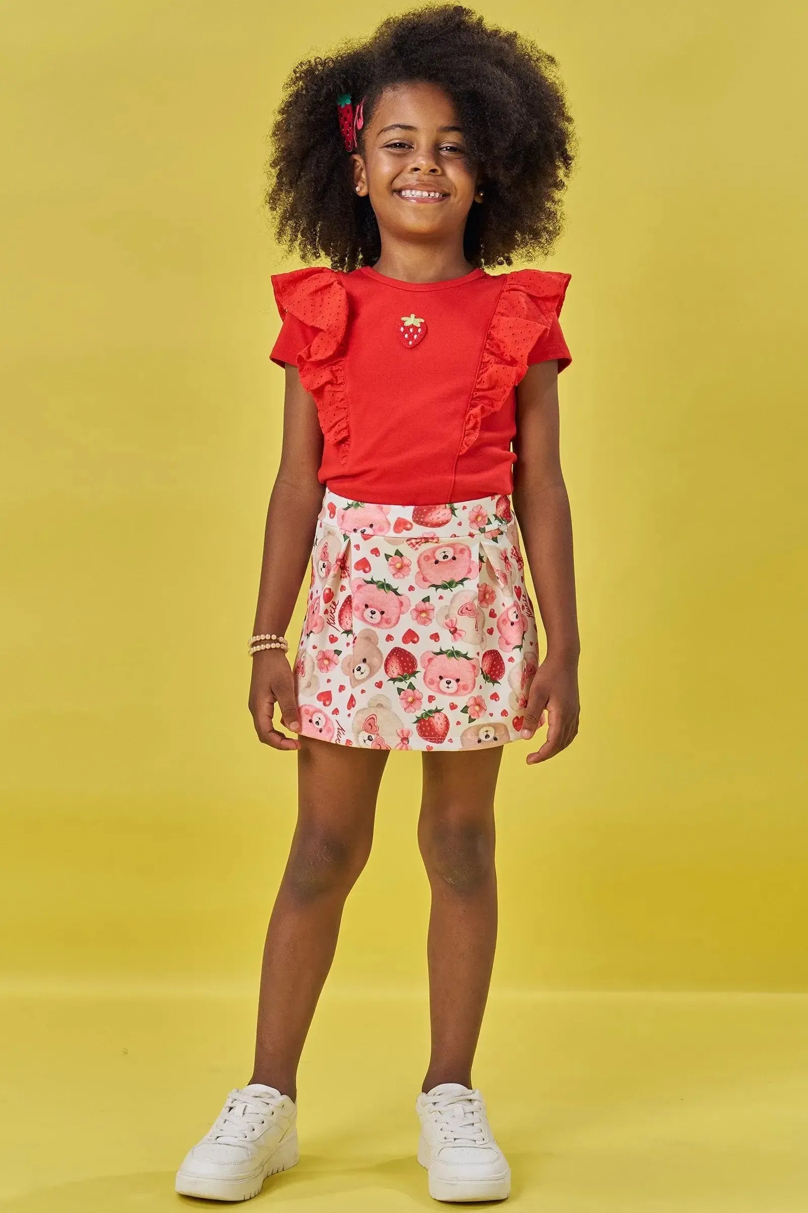 Conjunto de Blusa em Cotton e Short Saia em Molecotton 83546 Kukiê Infantil Menina