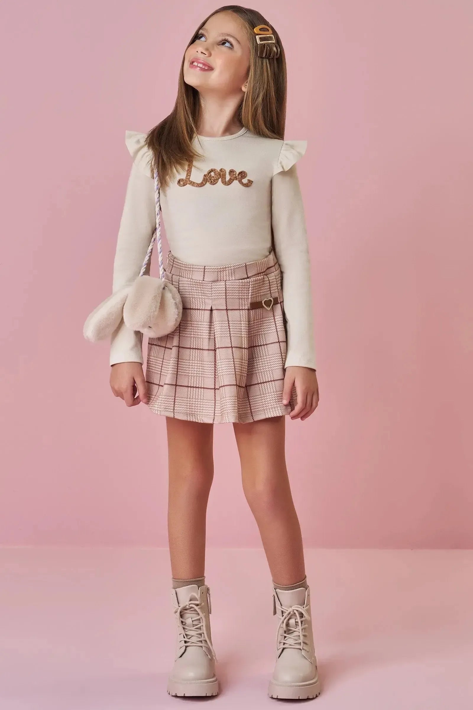 Conjunto de Blusa em Cotton e Short Saia em Molecotton 90231 Kukiê Infantil Menina