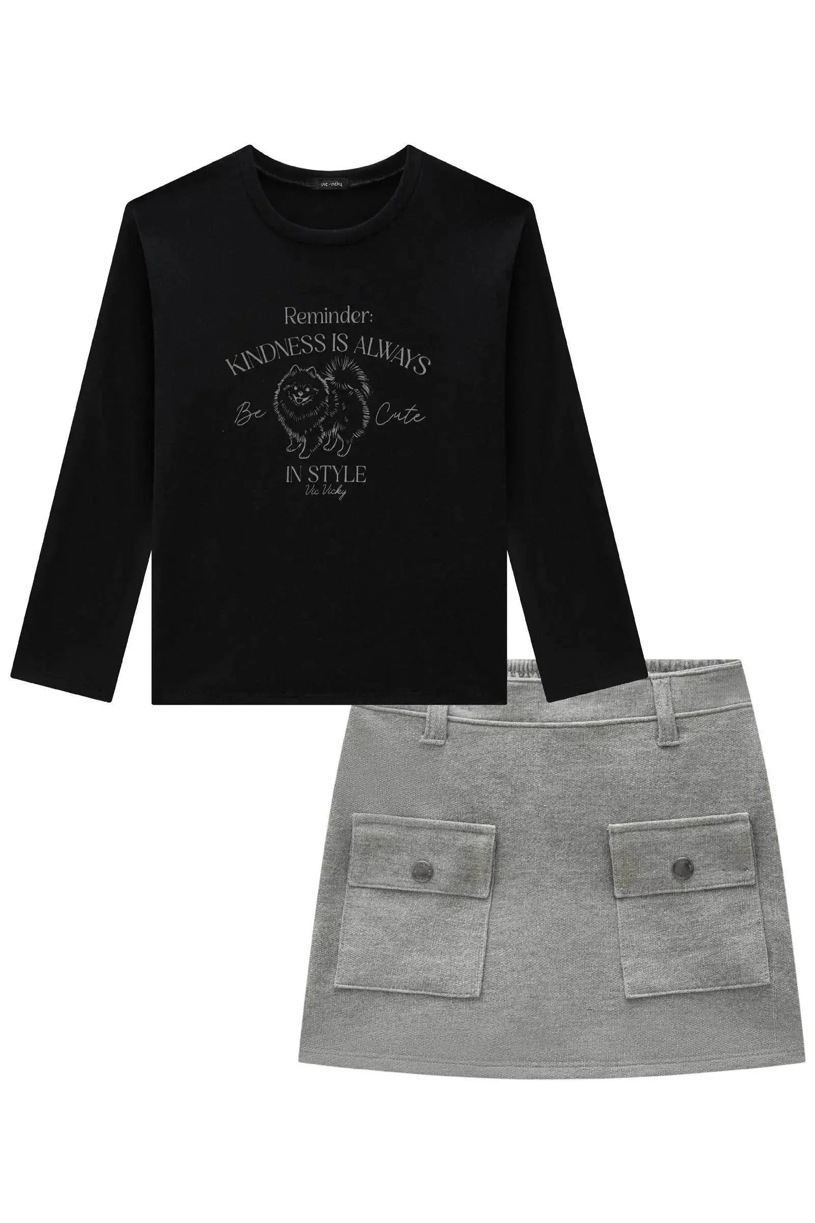 Conjunto de Blusa em Cotton e Short Saia em Moletom sem Pelúcia 90855 Vic&Vicky Teen Menina