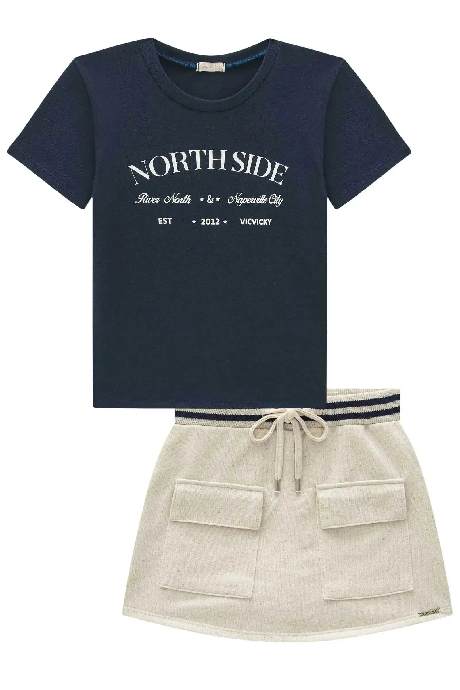 Conjunto de Blusa em Cotton e Short Saia em Moletom sem Pelúcia 97465 Vic&Vicky Teen Menina