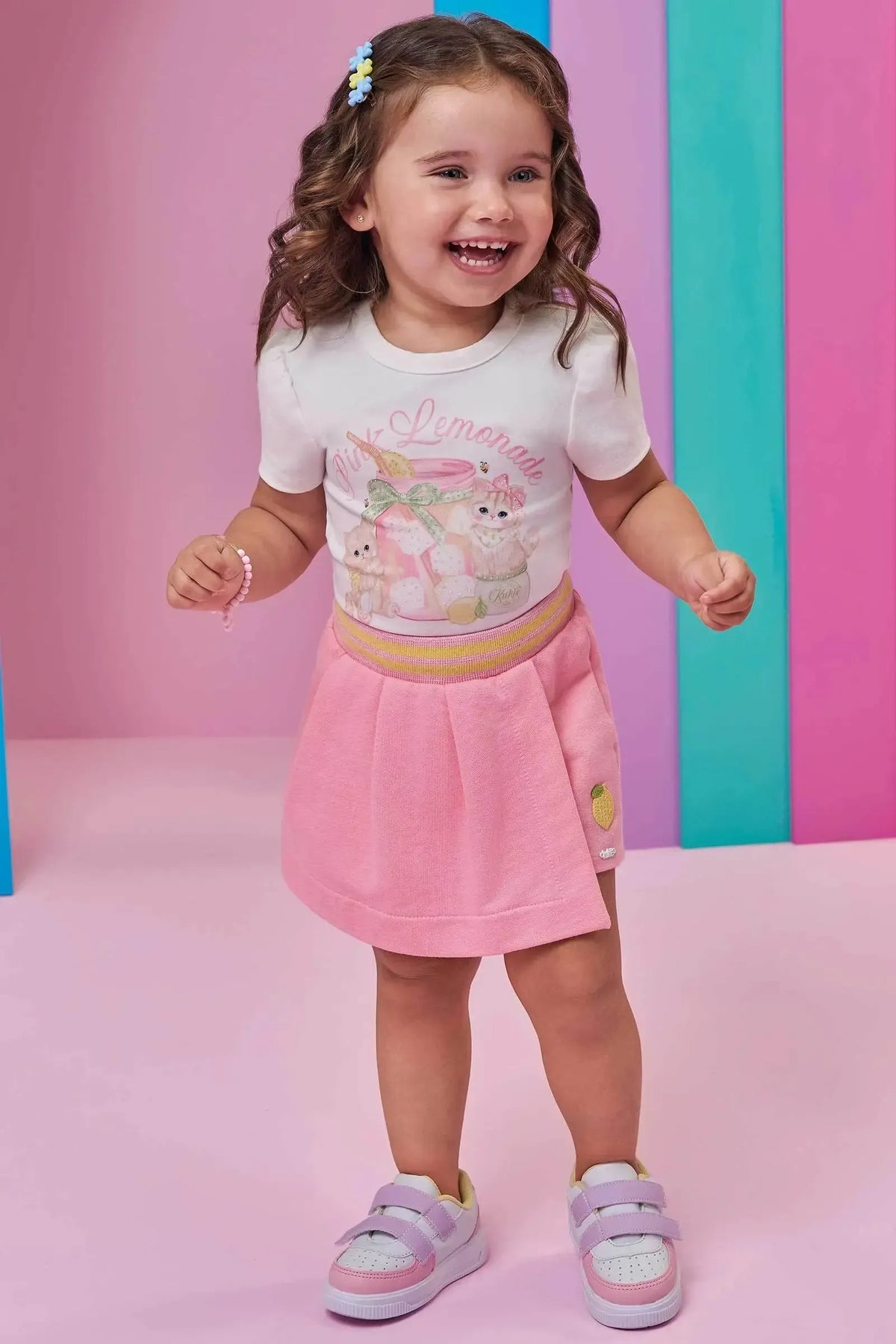 Conjunto de Blusa em Cotton e Short Saia em Moletom sem Pelúcia 98431 Kukiê Infantil Menina
