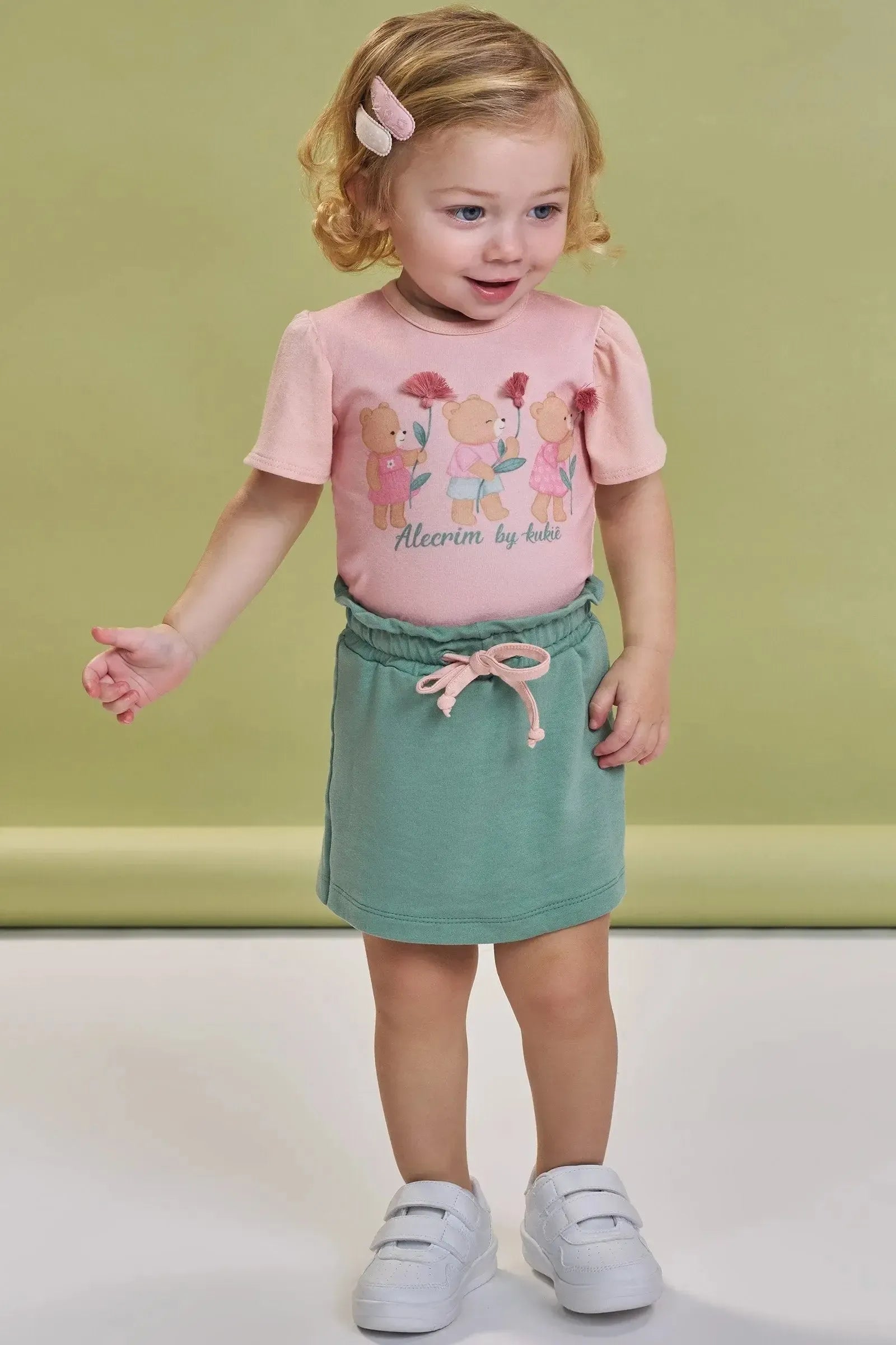 Conjunto de Blusa em Cotton e Short Saia em Molevisco 93020 Kukiê Infantil Menina