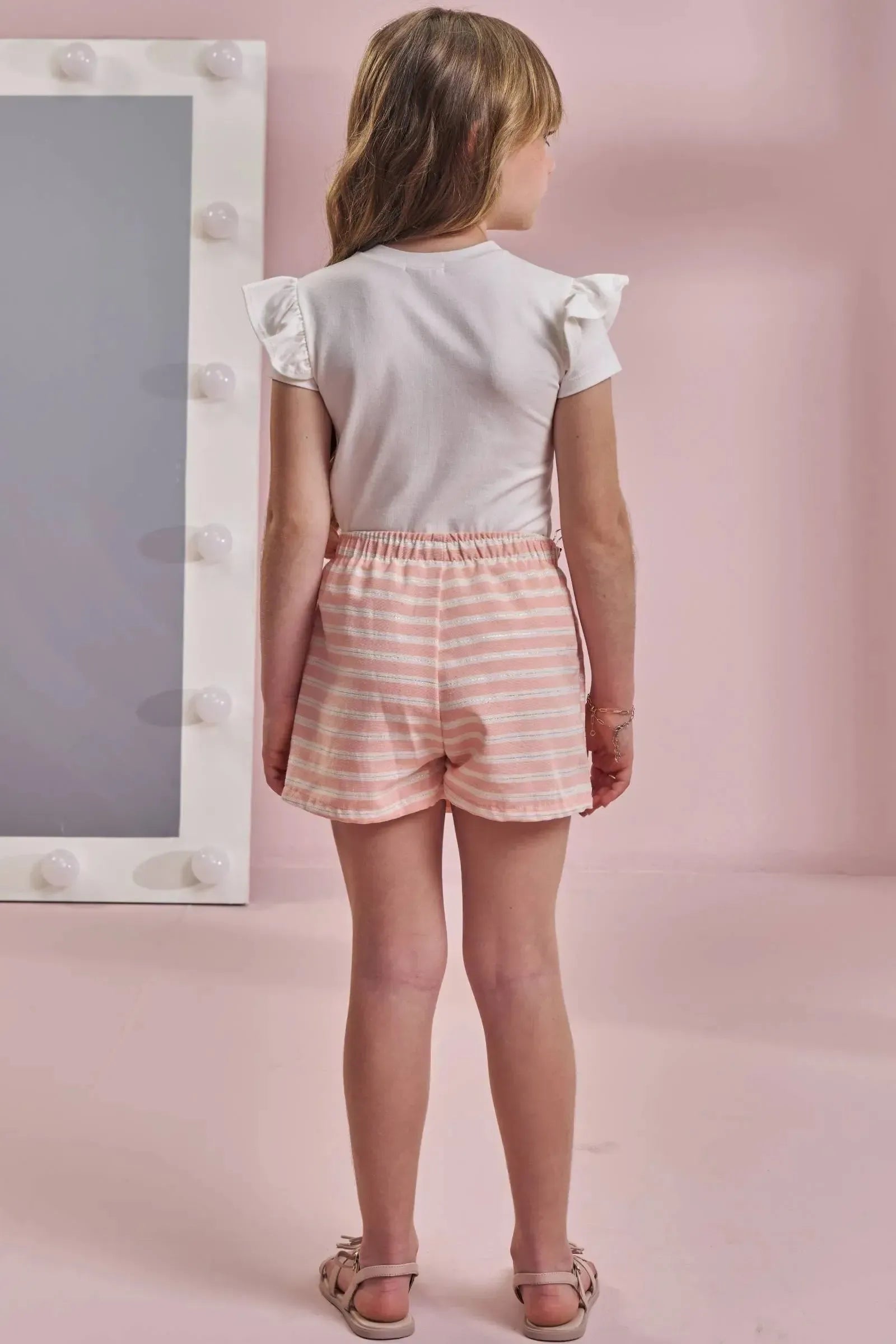 Conjunto de Blusa em Cotton e Short Saia em Tecido Listrado Shine 93655 Kukiê Infantil Menina