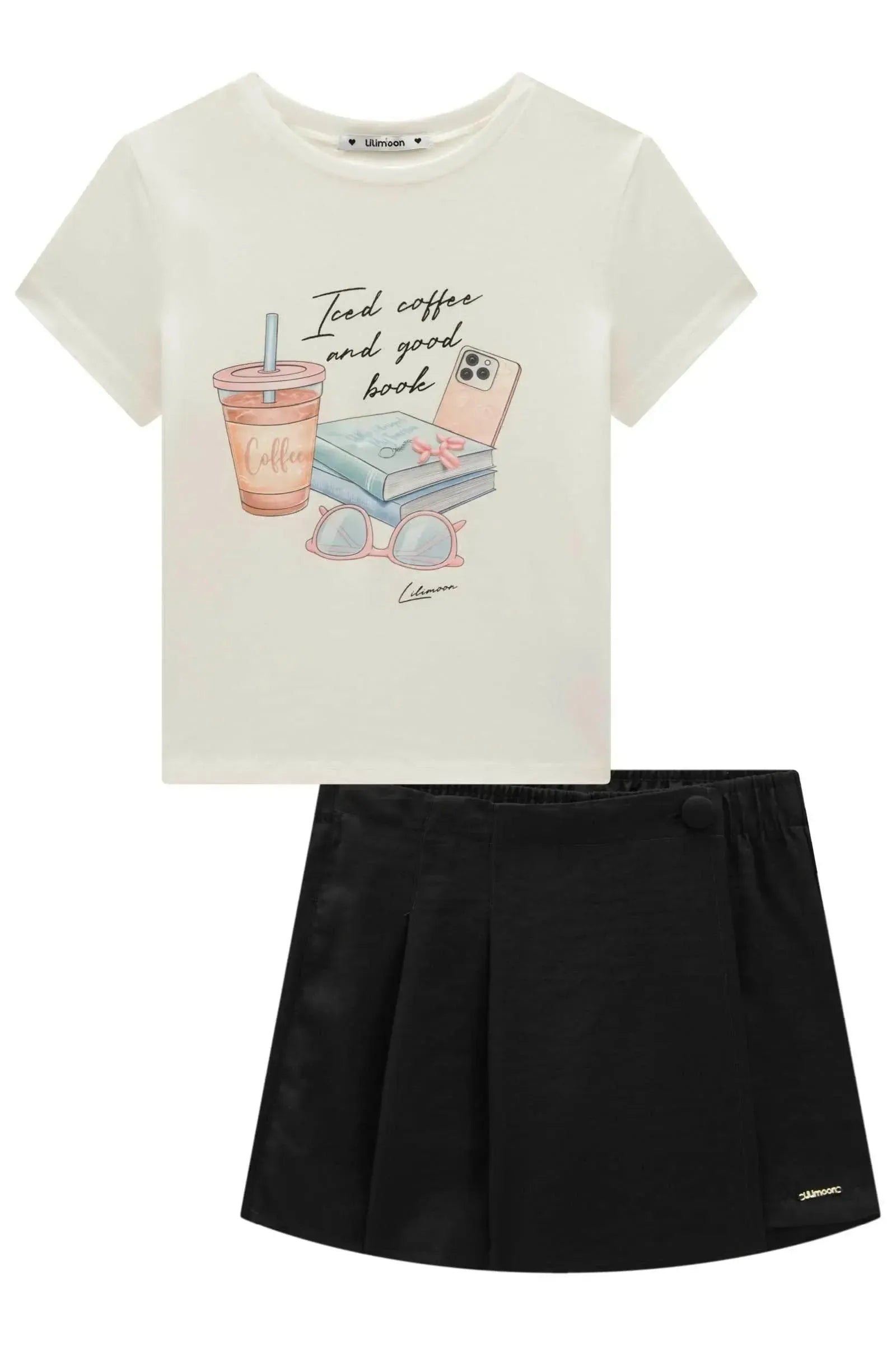 Conjunto de Blusa em Cotton e Short Saia em Tecido Plano Viscose Sense 98686 Lilimoon Teen Menina