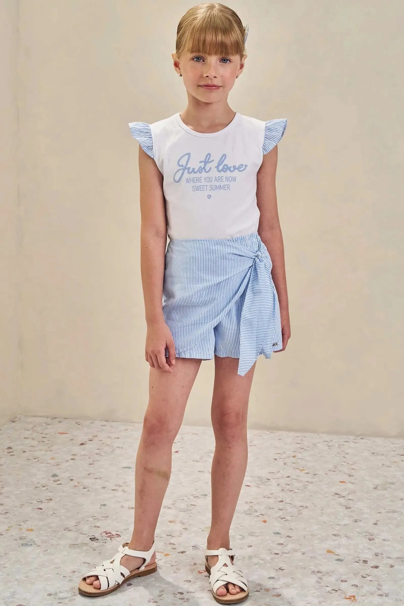 Conjunto de Blusa em Cotton e Short Saia em Tricoline Listrado 84589 Infanti Infantil Menina