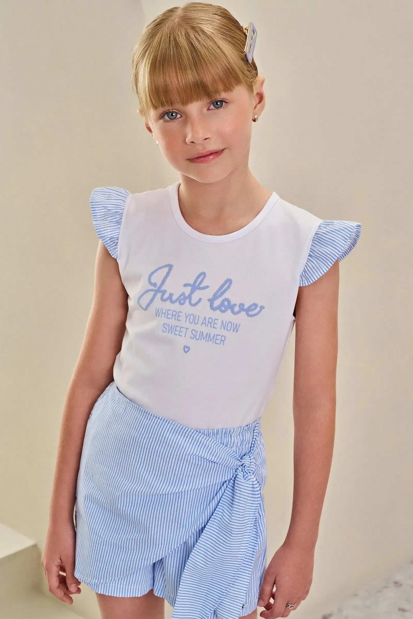 Conjunto de Blusa em Cotton e Short Saia em Tricoline Listrado 84589 Infanti Infantil Menina