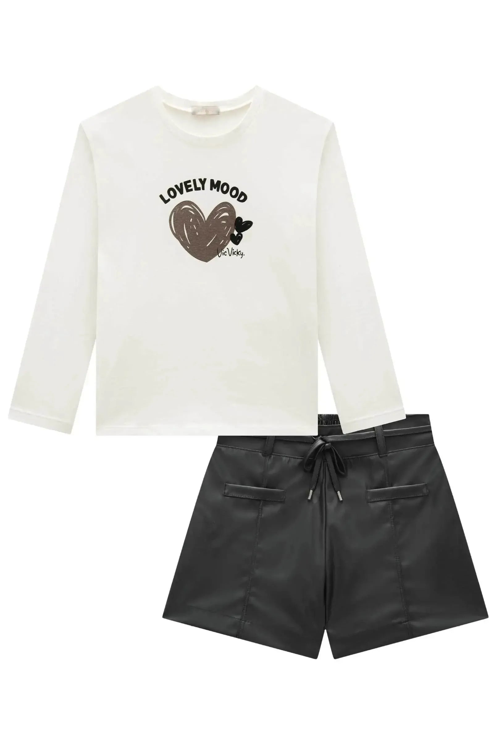 Conjunto de Blusa em Cotton e Shorts em Couro Sintético 93815 Vic&Vicky Teen Menina