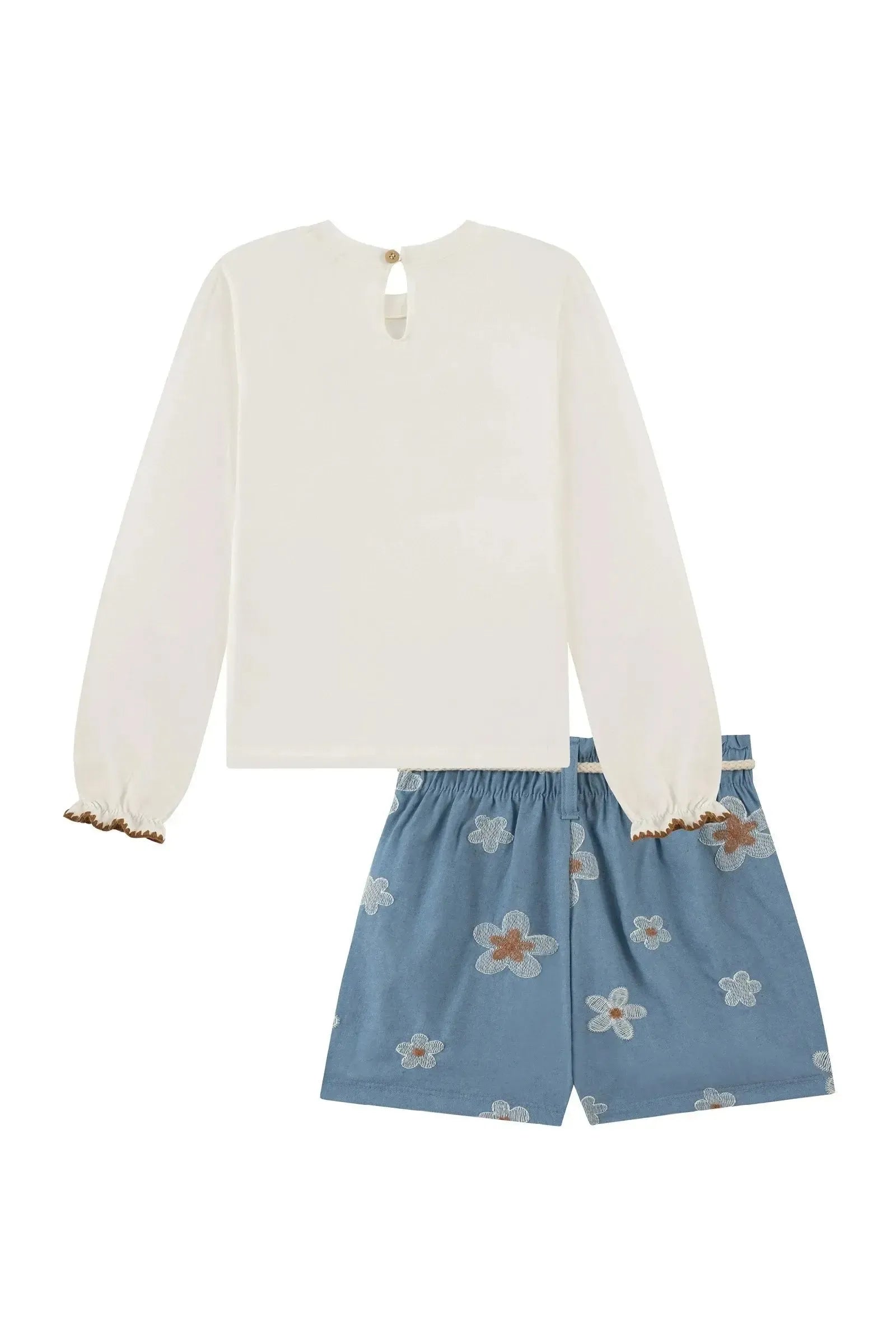 Conjunto de Blusa em Cotton e Shorts em Denim Bordado 92466 Kukiê Infantil Menina