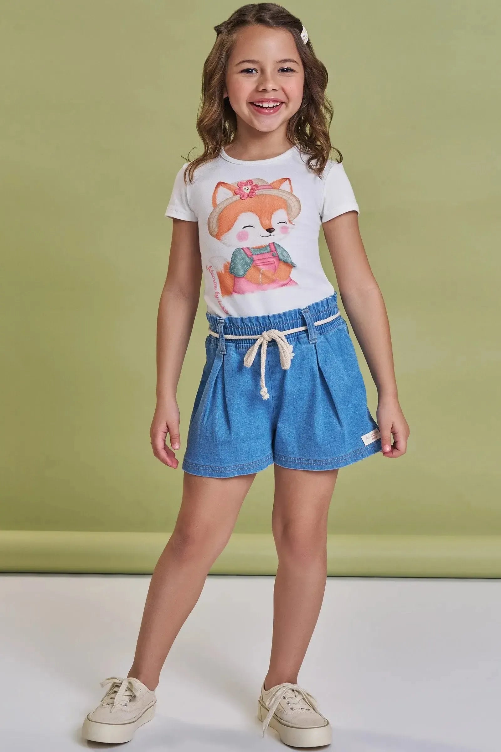 Conjunto de Blusa em Cotton e Shorts em Jeans com Elastano 92986 Kukiê Infantil Menina