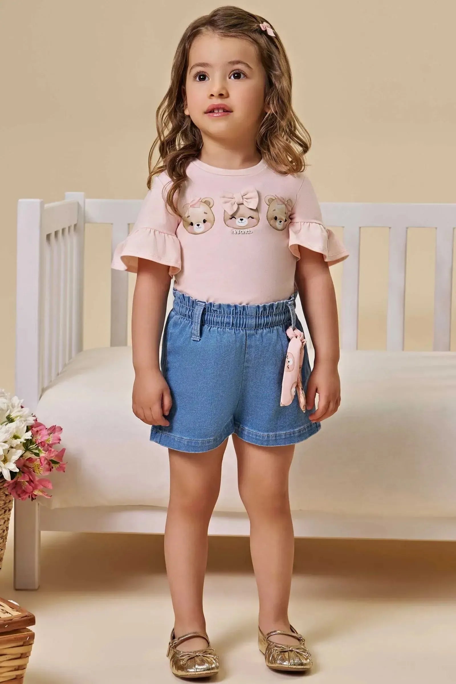 Conjunto de Blusa em Cotton e Shorts em Jeans com Elastano 96961 Infanti Infantil Menina