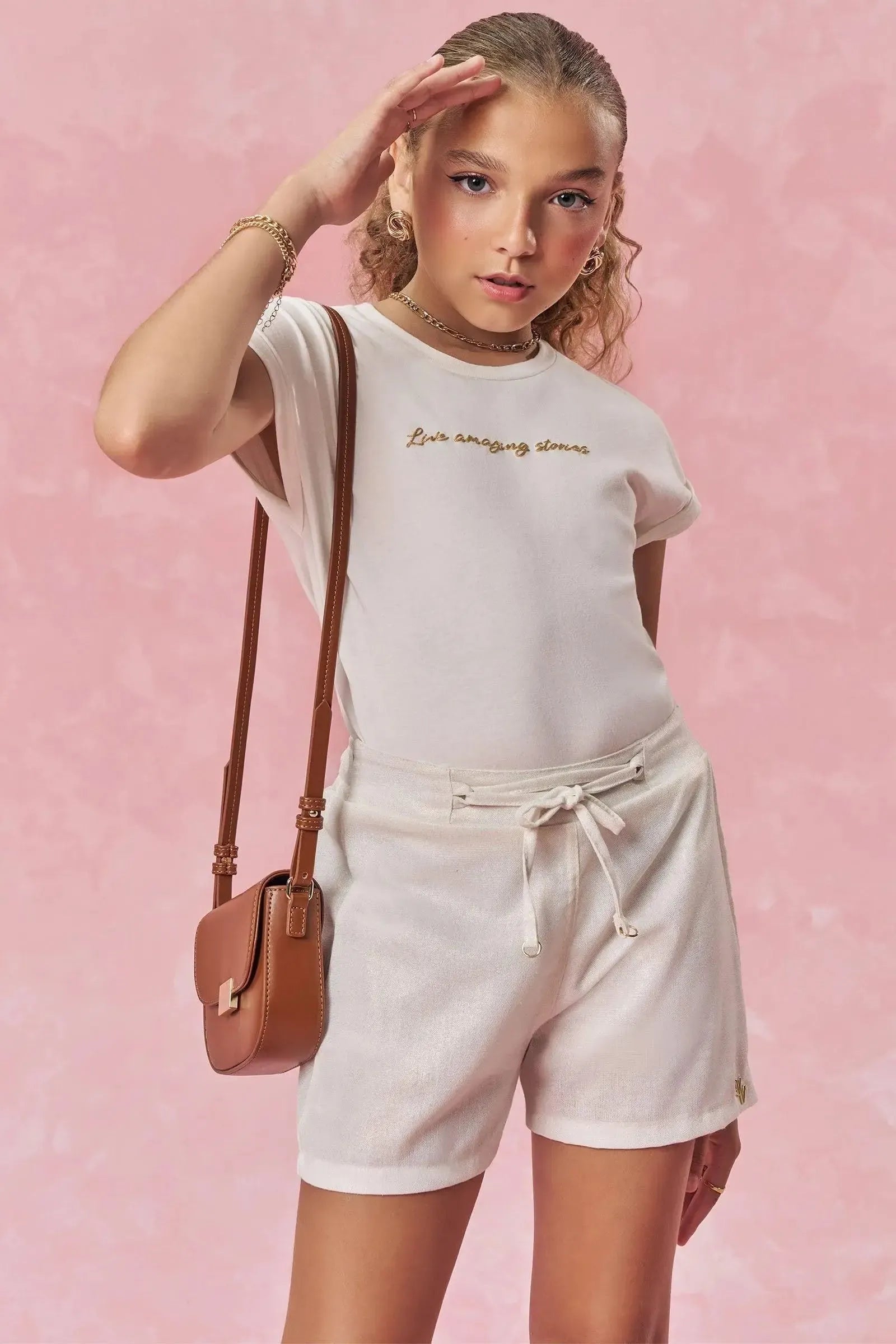 Conjunto de Blusa em Cotton e Shorts em Linho Gold 83926 Vic&Vicky Teen Menina