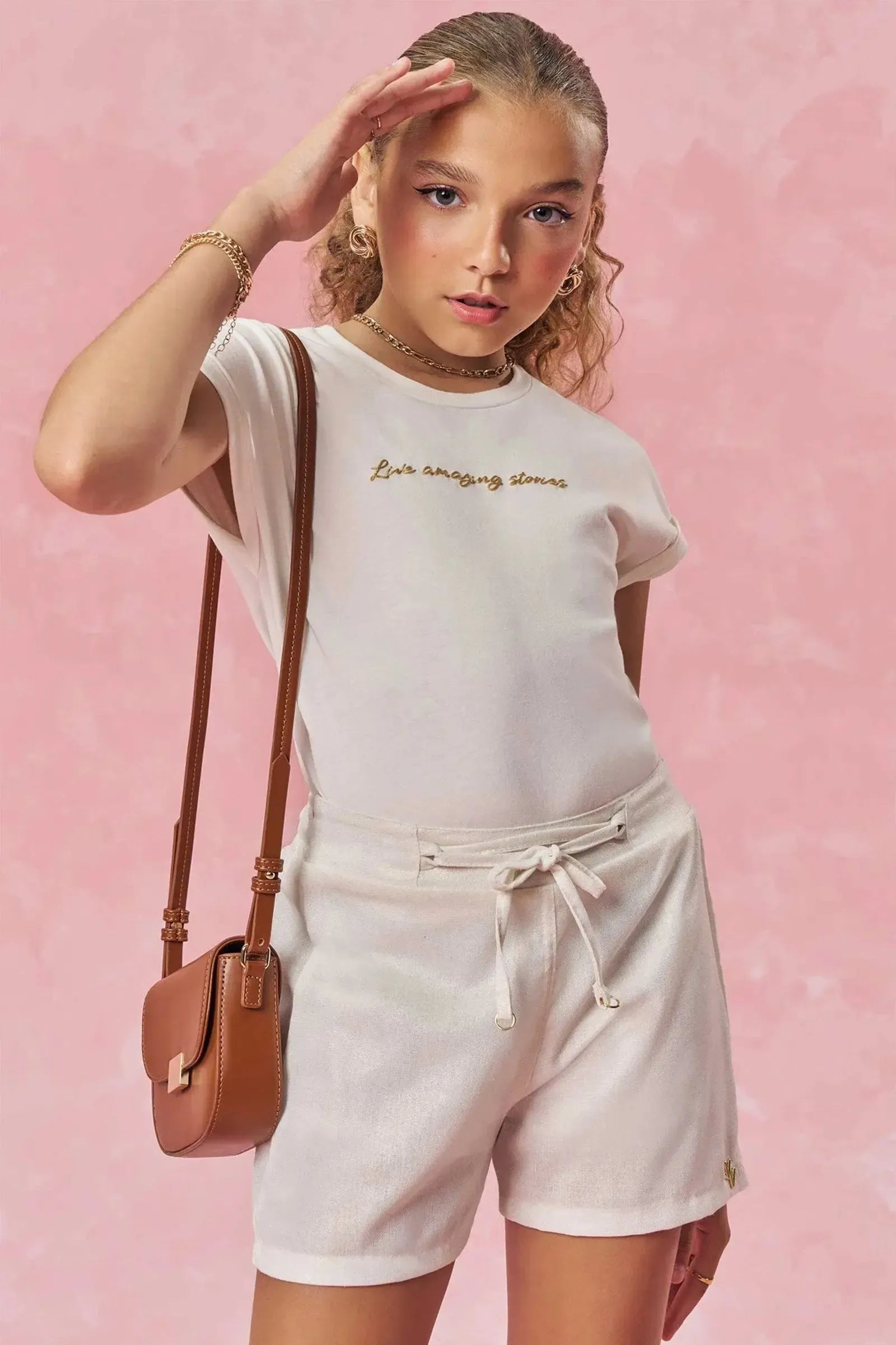 Conjunto de Blusa em Cotton e Shorts em Linho Gold 83926 Vic&Vicky Teen Menina