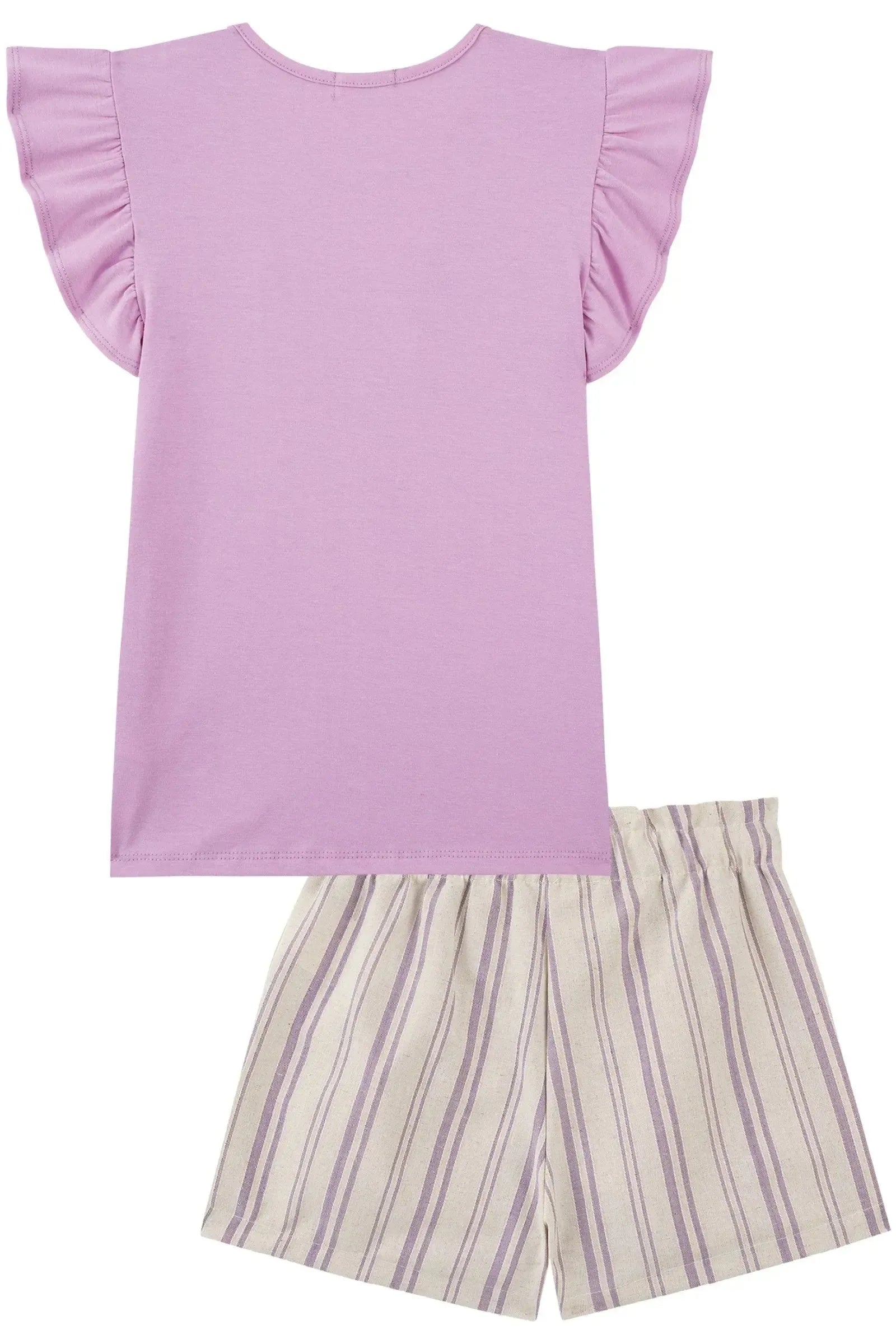 Conjunto de Blusa em Cotton e Shorts em Linho Listrado 93661 Kukiê Infantil Menina