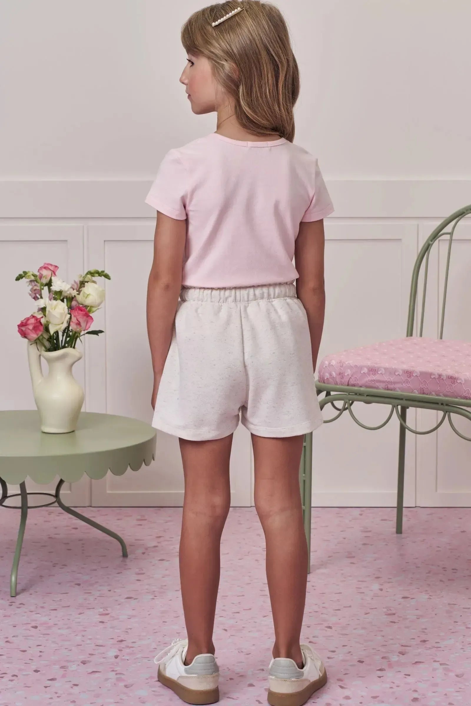 Conjunto de Blusa em Cotton e Shorts em Moletom Linho sem Pelúcia 98998 Infanti Infantil Menina