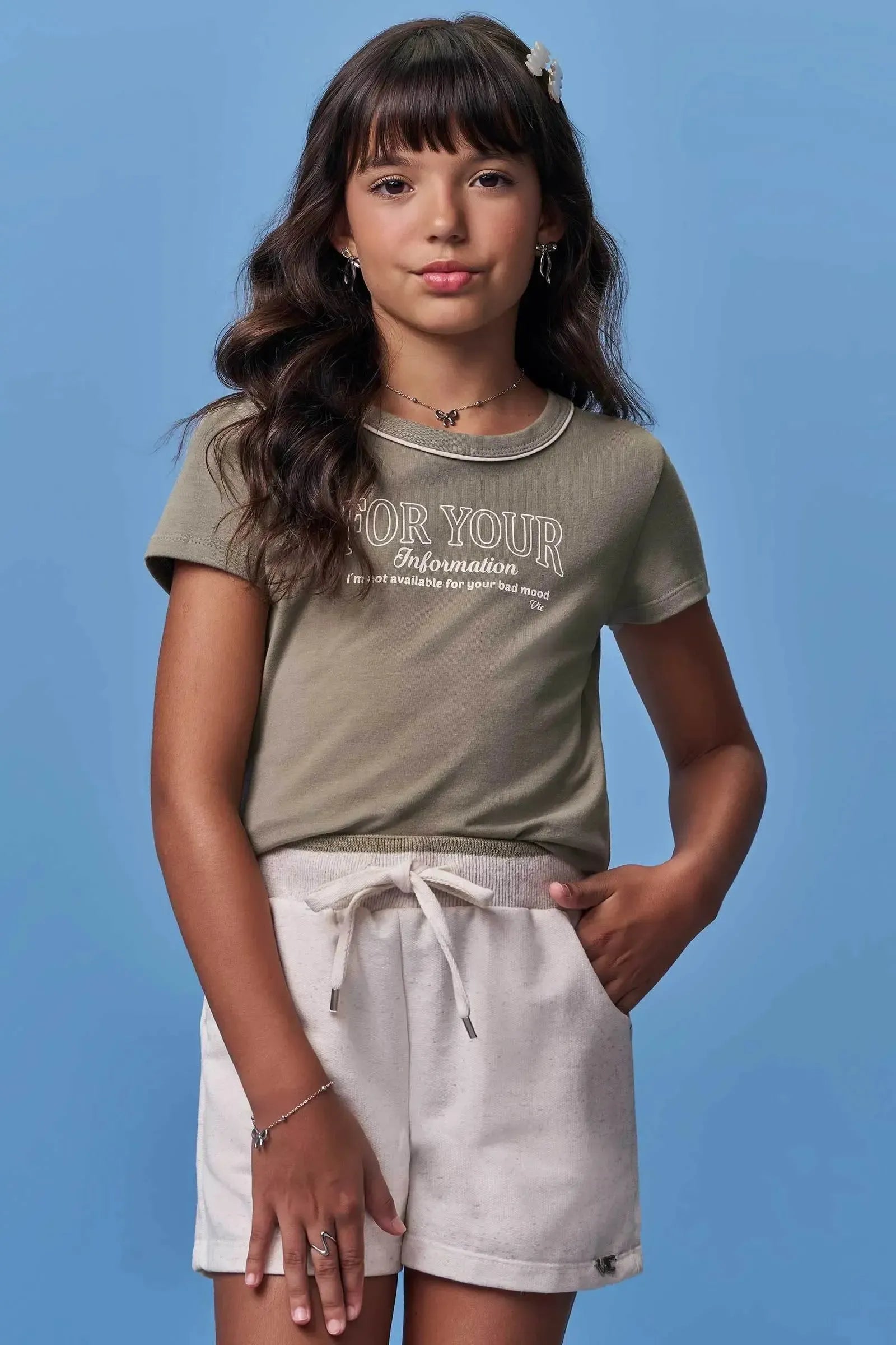Conjunto de Blusa em Cotton e Shorts em Moletom sem Pelúcia 98493 Vic Teen Menina