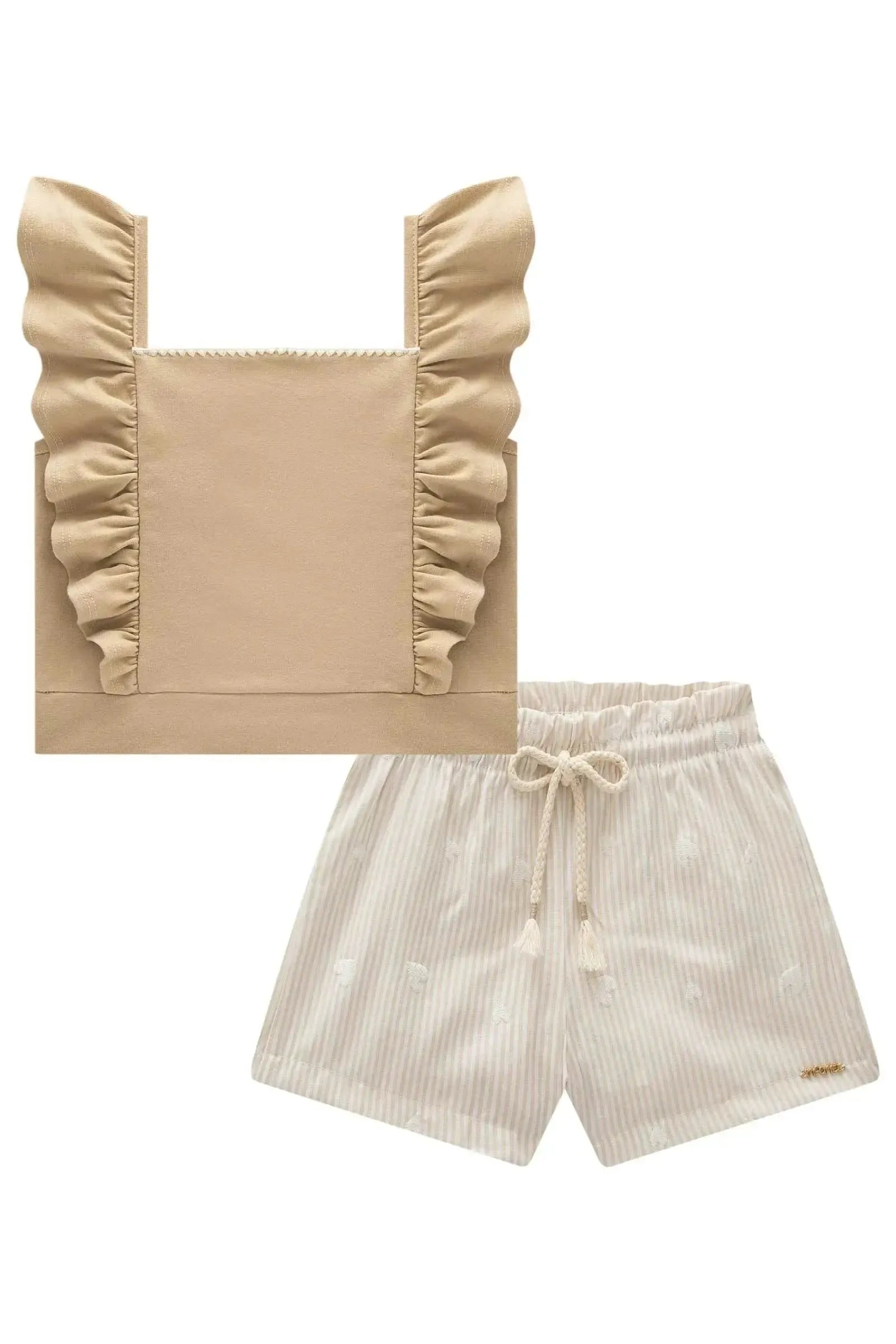 Conjunto de Blusa em Cotton e Shorts em Tecido Listrado Bordado 96665 Infanti Infantil Menina