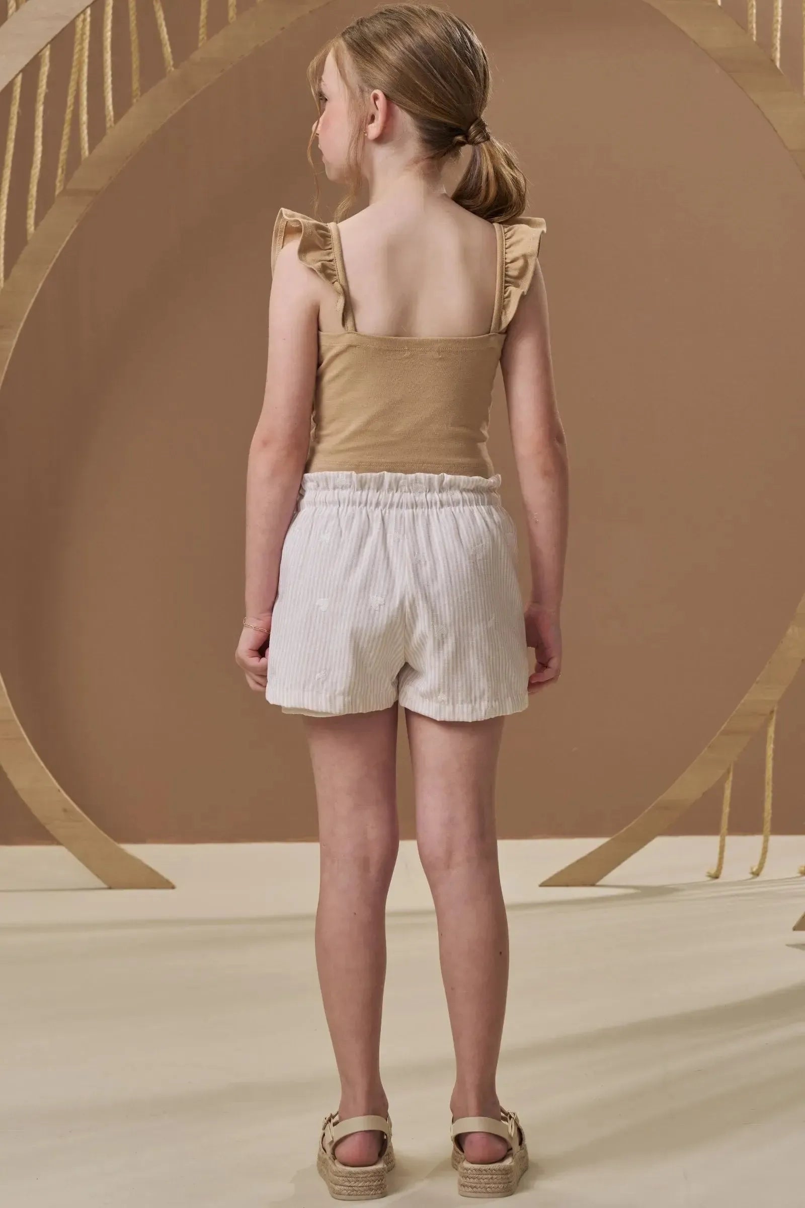 Conjunto de Blusa em Cotton e Shorts em Tecido Listrado Bordado 96665 Infanti Infantil Menina