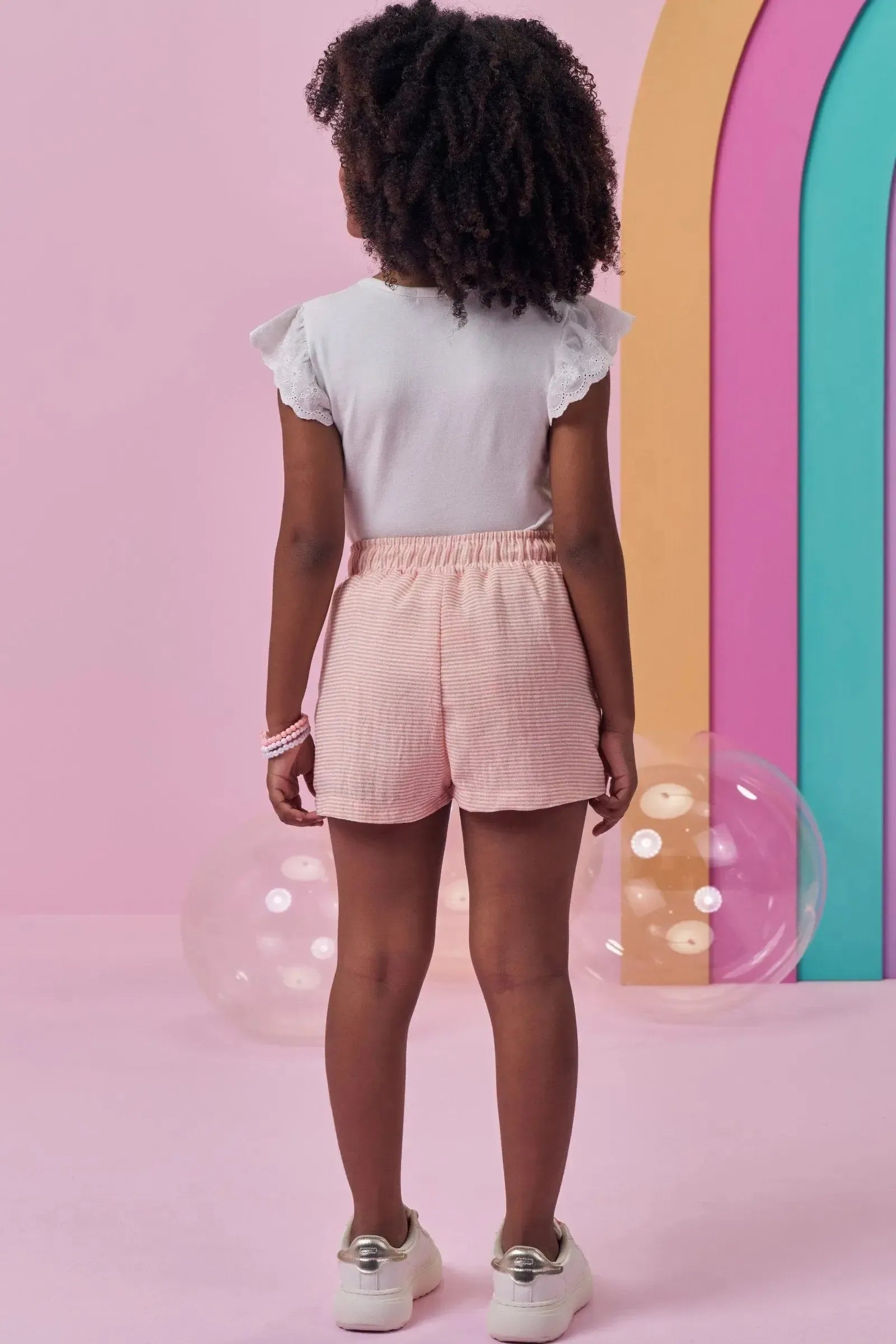 Conjunto de Blusa em Cotton e Shorts em Tricoline Listrado 99647 Kukiê Infantil Menina