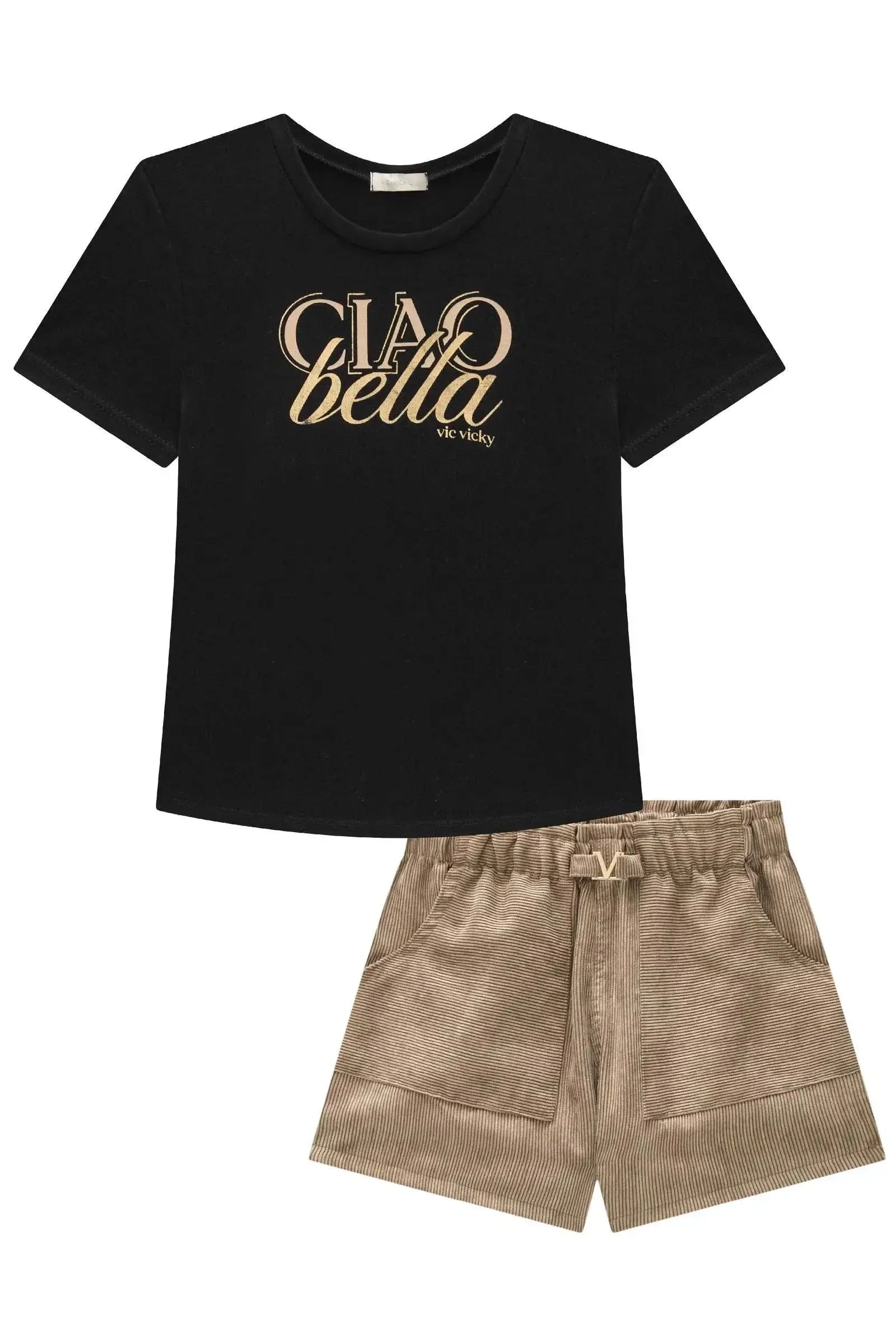 Conjunto de Blusa em Cotton e Shorts em Veludo Cotelê Gold 93495 Vic&Vicky Teen Menina