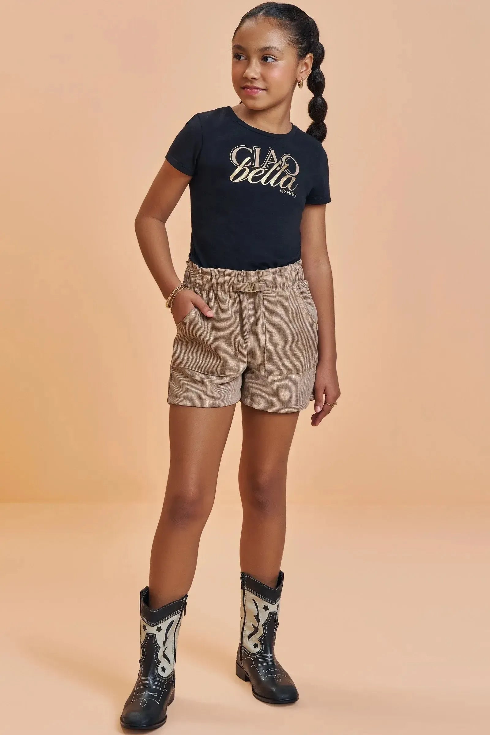 Conjunto de Blusa em Cotton e Shorts em Veludo Cotelê Gold 93495 Vic&Vicky Teen Menina