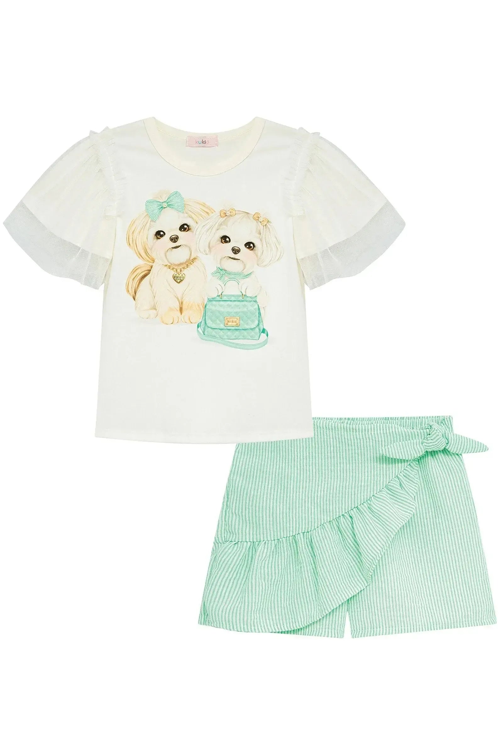Conjunto de Blusa em Cotton e Shorts Saia em Tricoline Listrado 97131 Kukiê Infantil Menina