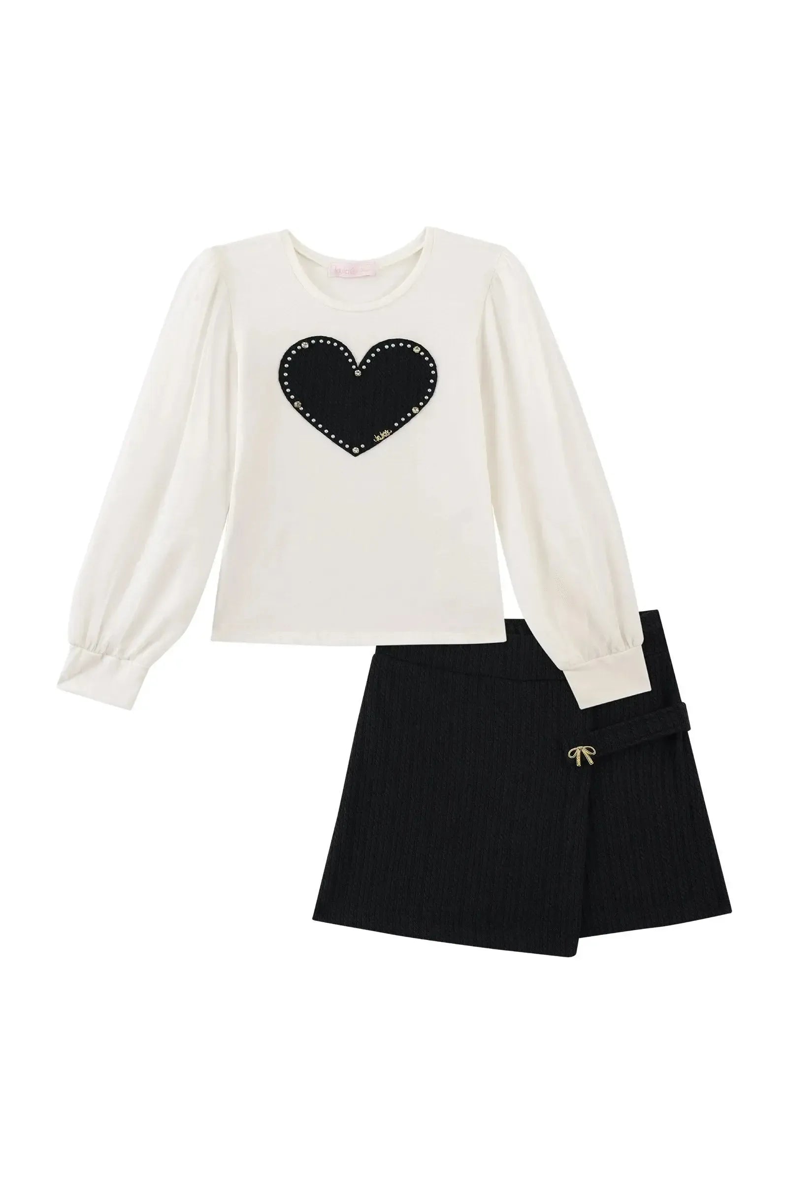 Conjunto de Blusa em Cotton e Tule com Elastano e Short Saia em Malha Jacquard Tricot 91813 Kukiê Infantil Menina