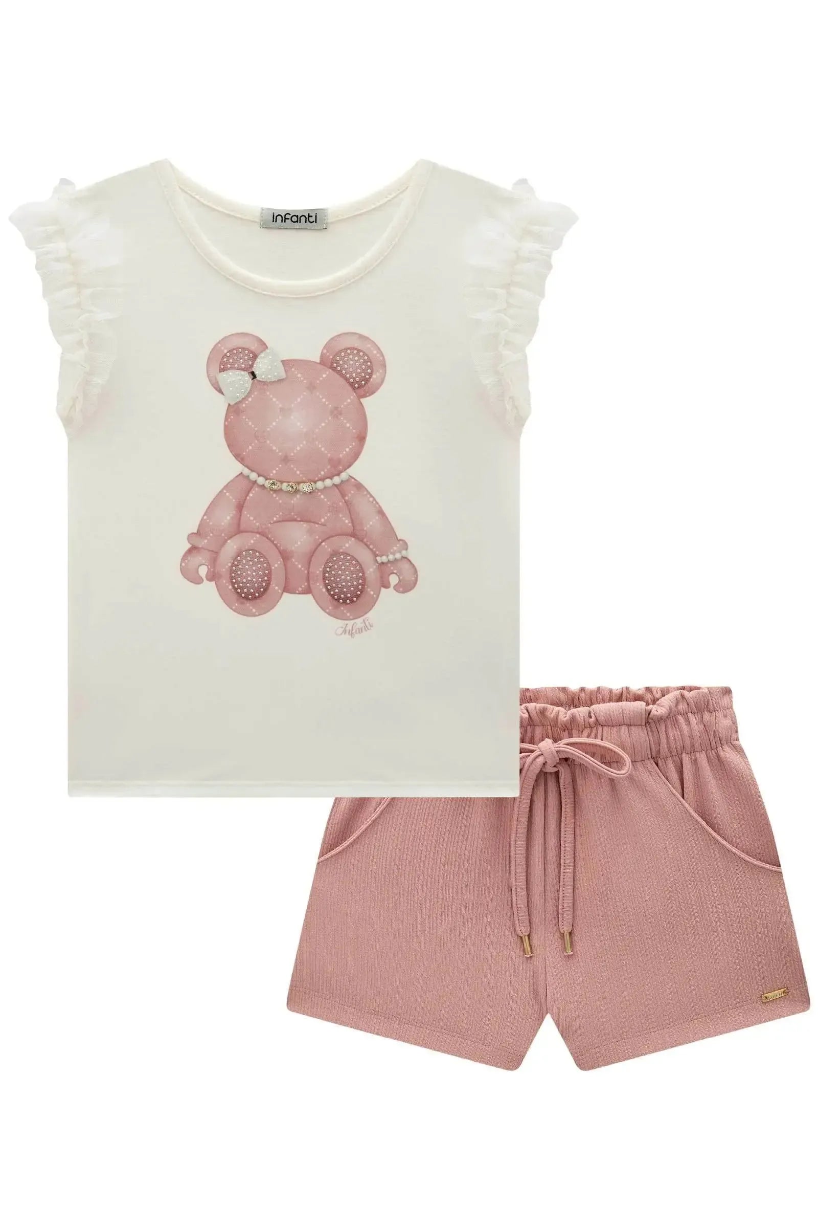 Conjunto de Blusa em Cotton e Tule e Shorts em Malha Jacquard 85599 Infanti Infantil Menina