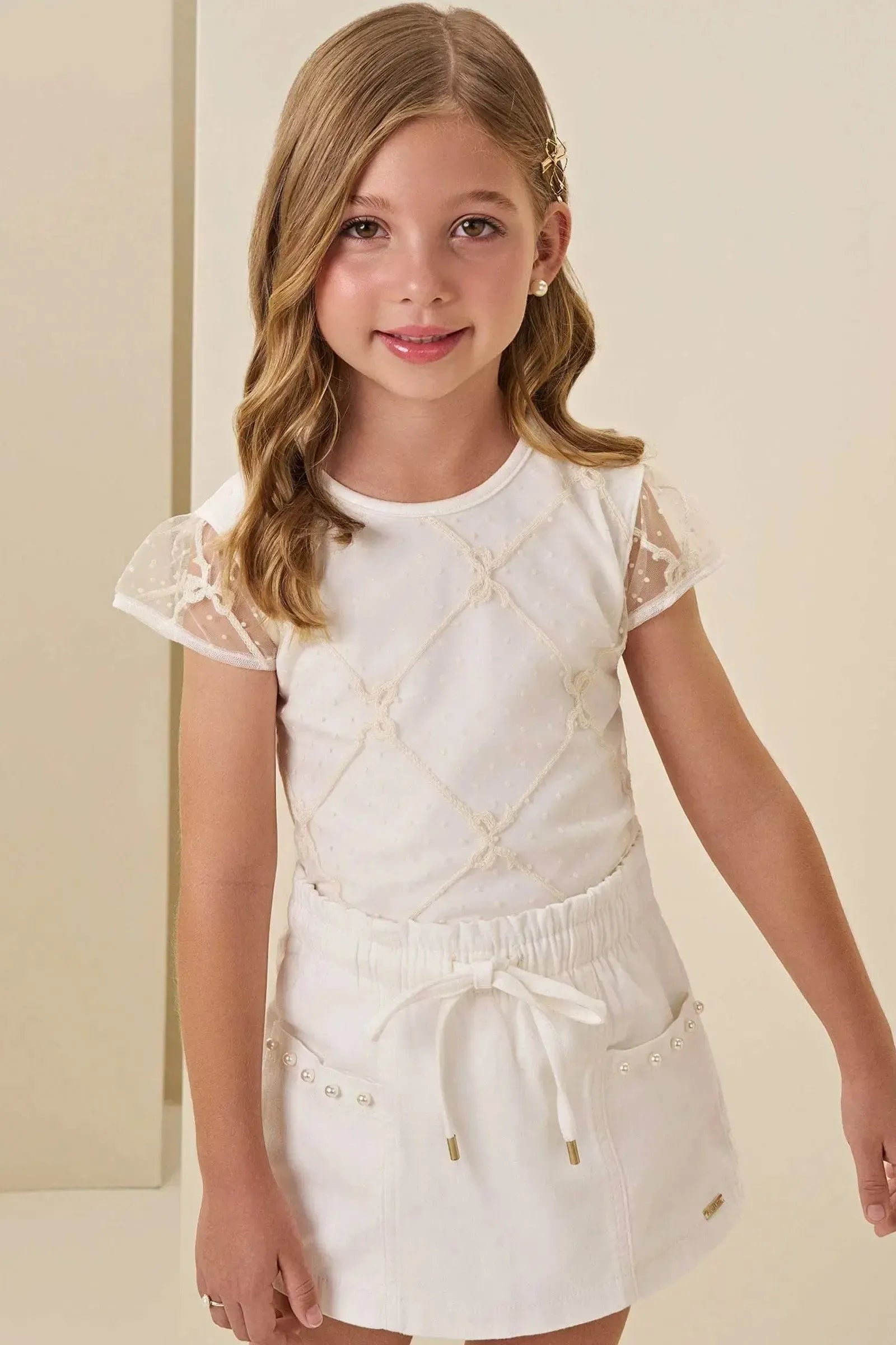 Conjunto de Blusa em Cotton e Tule Laços e Short Saia em Sarja com Elastano 84355 Infanti Infantil Menina