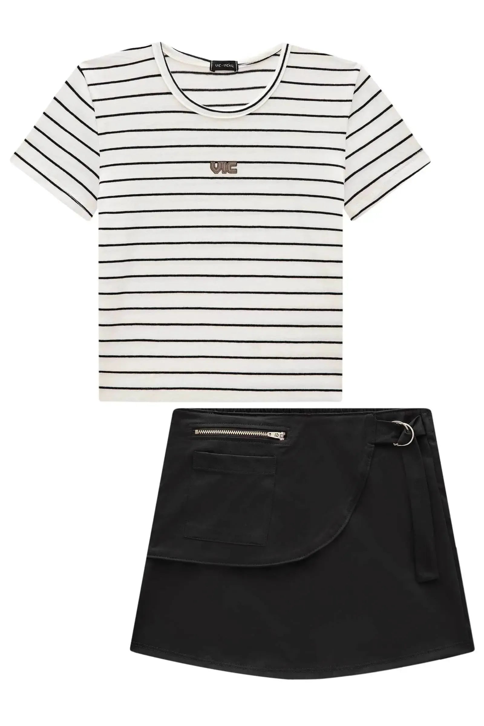 Conjunto de Blusa em Cotton Fio Tinto e Short Saia em Alfaiataria Tecno Cargo 95963 Vic&Vicky Teen Menina