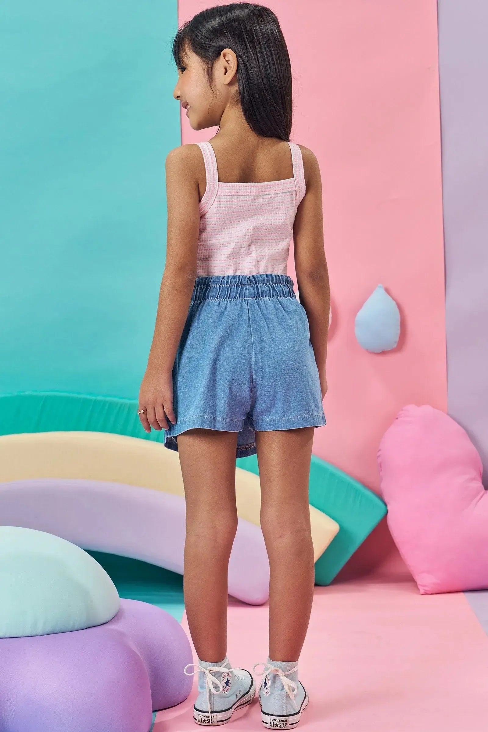 Conjunto de Blusa em Cotton Listrado e Short Saia em Jeans com Elastano 83550 Kukiê Infantil Menina