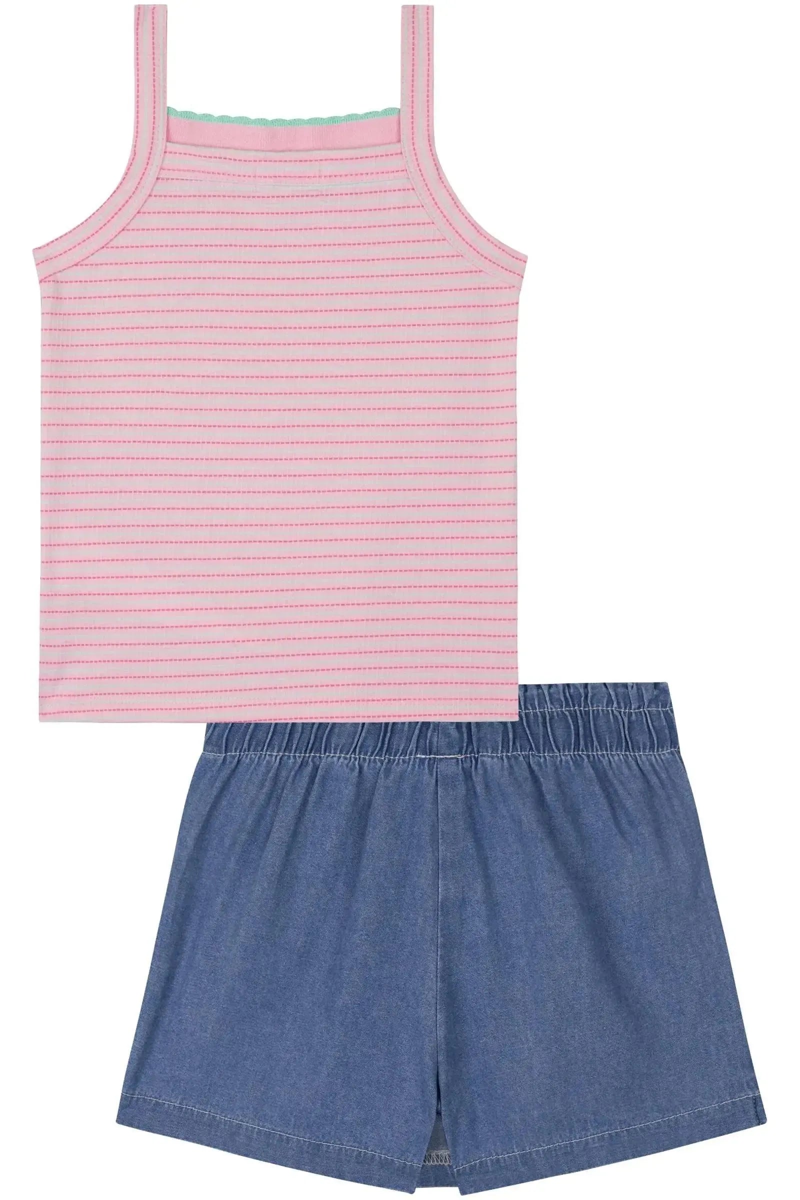 Conjunto de Blusa em Cotton Listrado e Short Saia em Jeans com Elastano 83550 Kukiê Infantil Menina