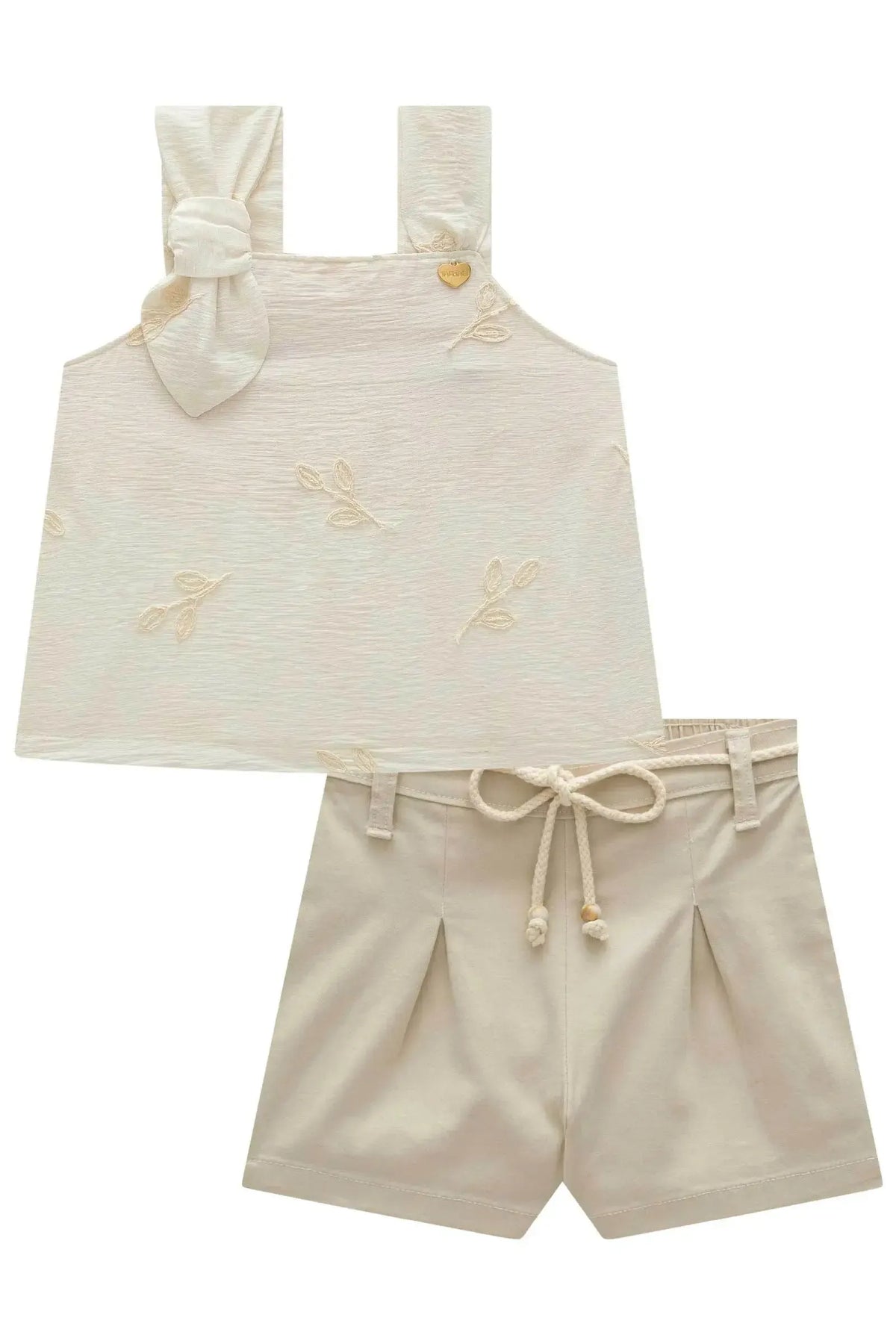 Conjunto de Blusa em Linho Bordado Folhas e Shorts em Sarja com Elastano 98670 Infanti Infantil Menina