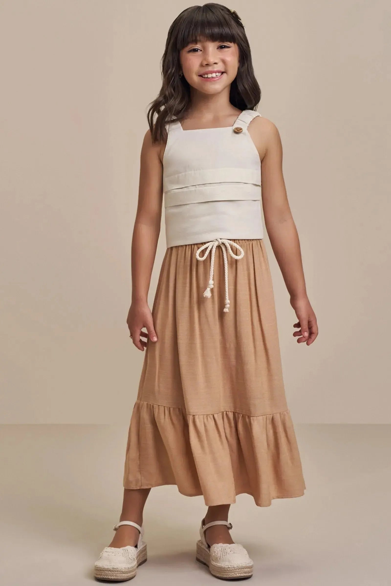 Conjunto de Blusa em Linho Deluxe com Saia Midi em Viscose 99162 Infanti Infantil Menina