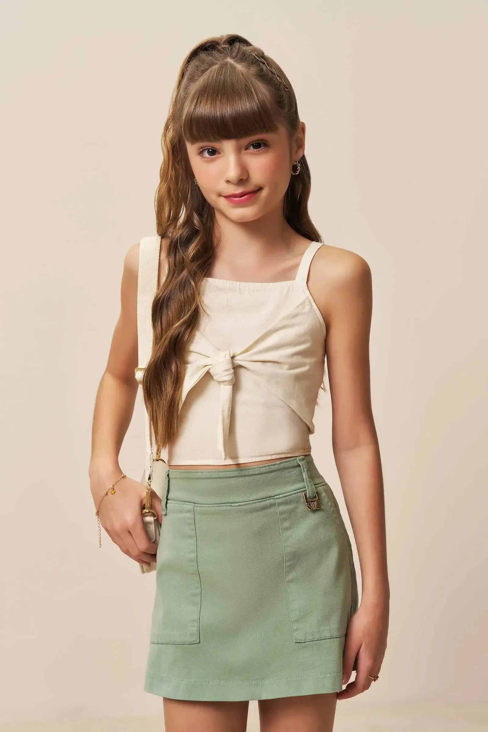 Conjunto de Blusa em Linho Deluxe e Short Saia em Sarja com Elastano 94959 Vic&Vicky Teen Menina
