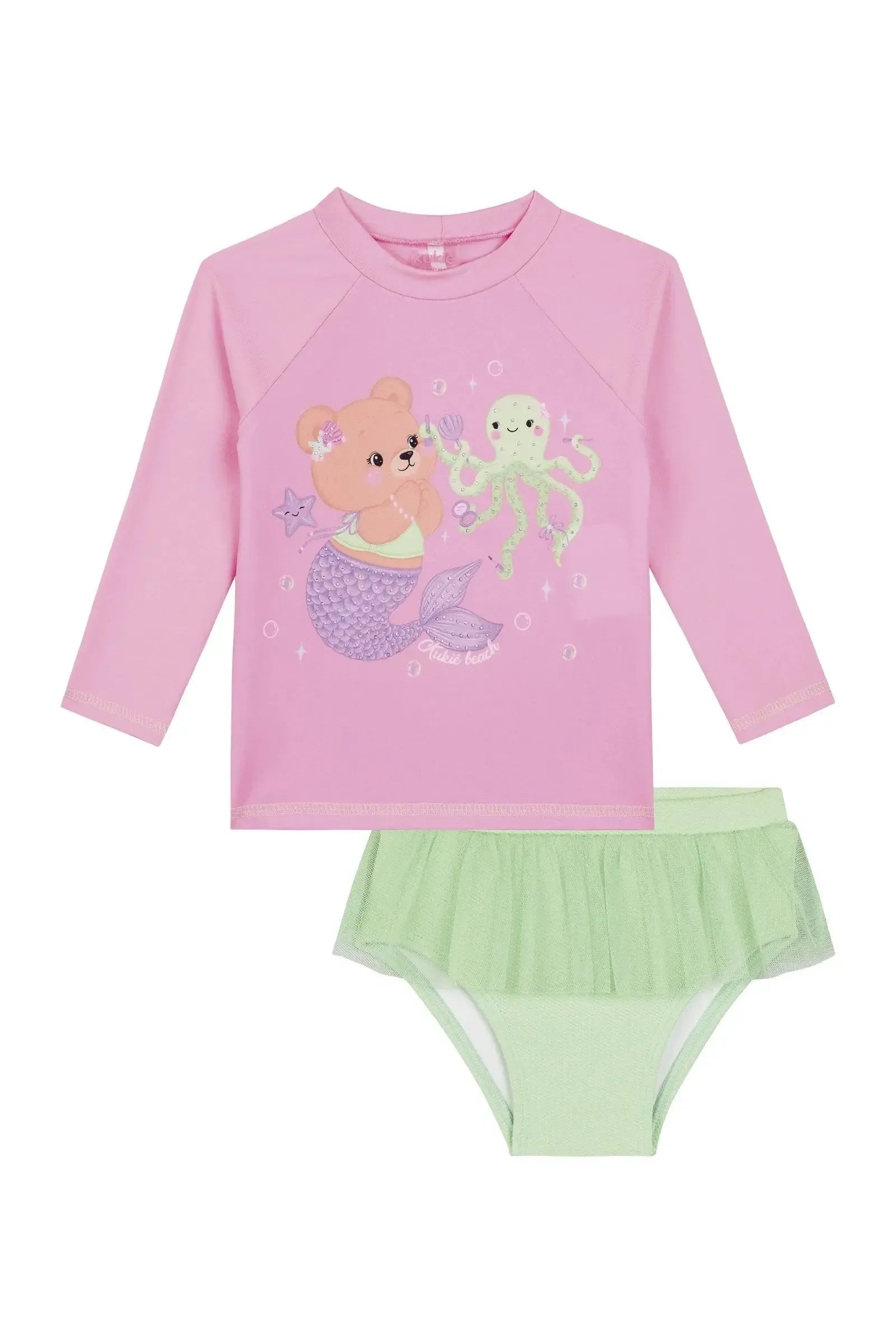 Conjunto de Blusa em Malha com Proteção UV50+ e Calcinha em Jaquard Textura 87745 Kukiê Bebê Menina