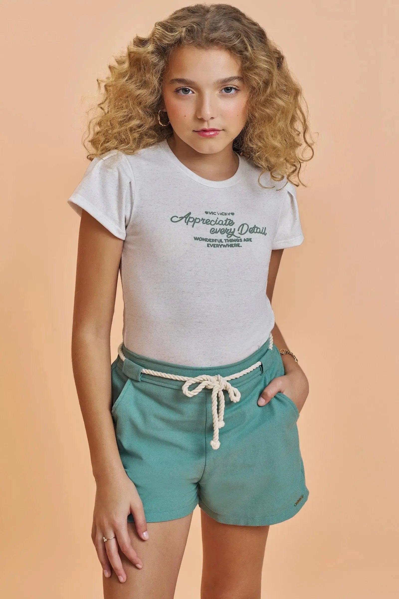 Conjunto de Blusa em Malha Fresh e Shorts em Linho com Elastano 92708 Vic&Vicky Teen Menina