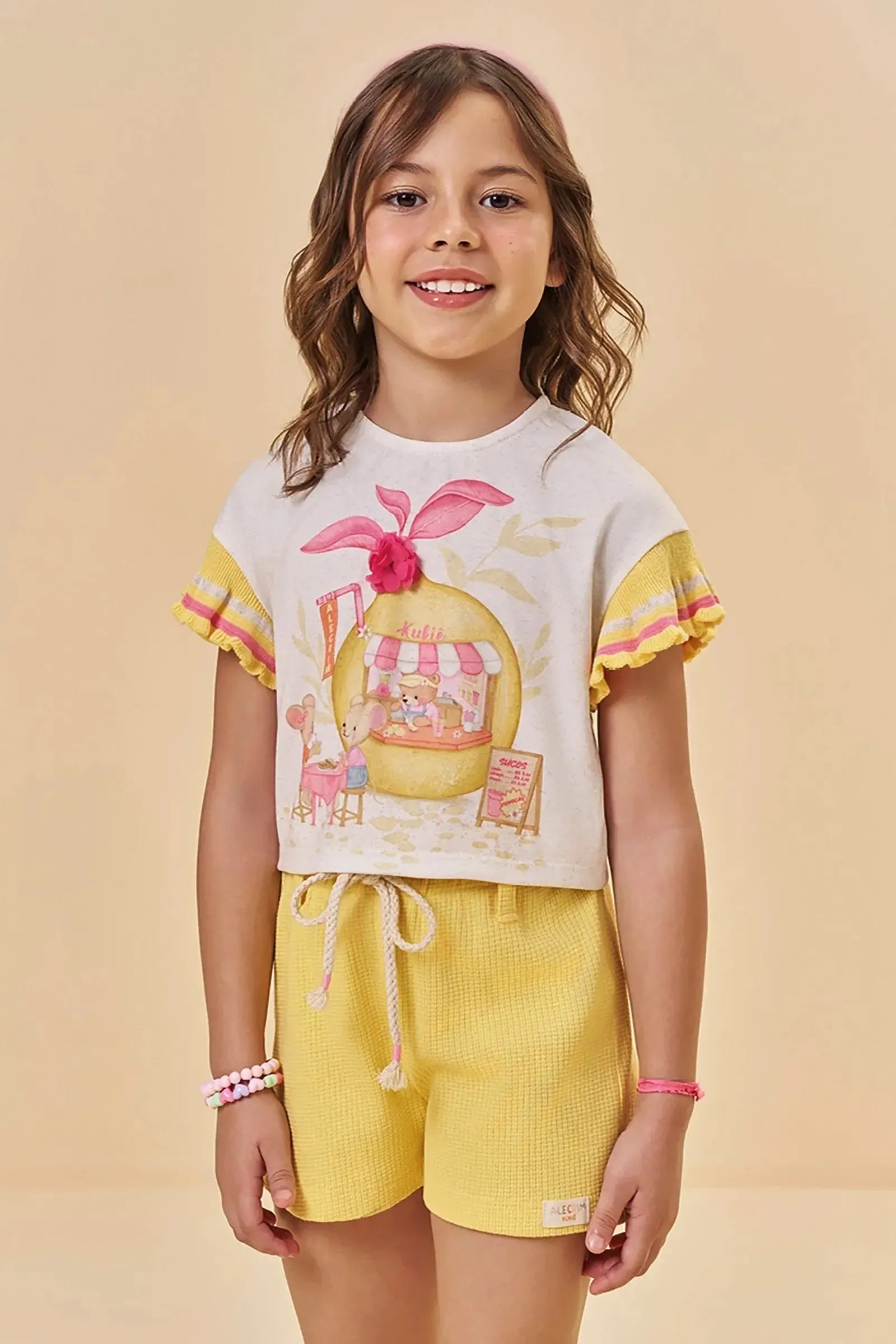 Conjunto de Blusa em Malha Fresh e Shorts em Malha Waffle 94799 Kukiê Infantil Menina
