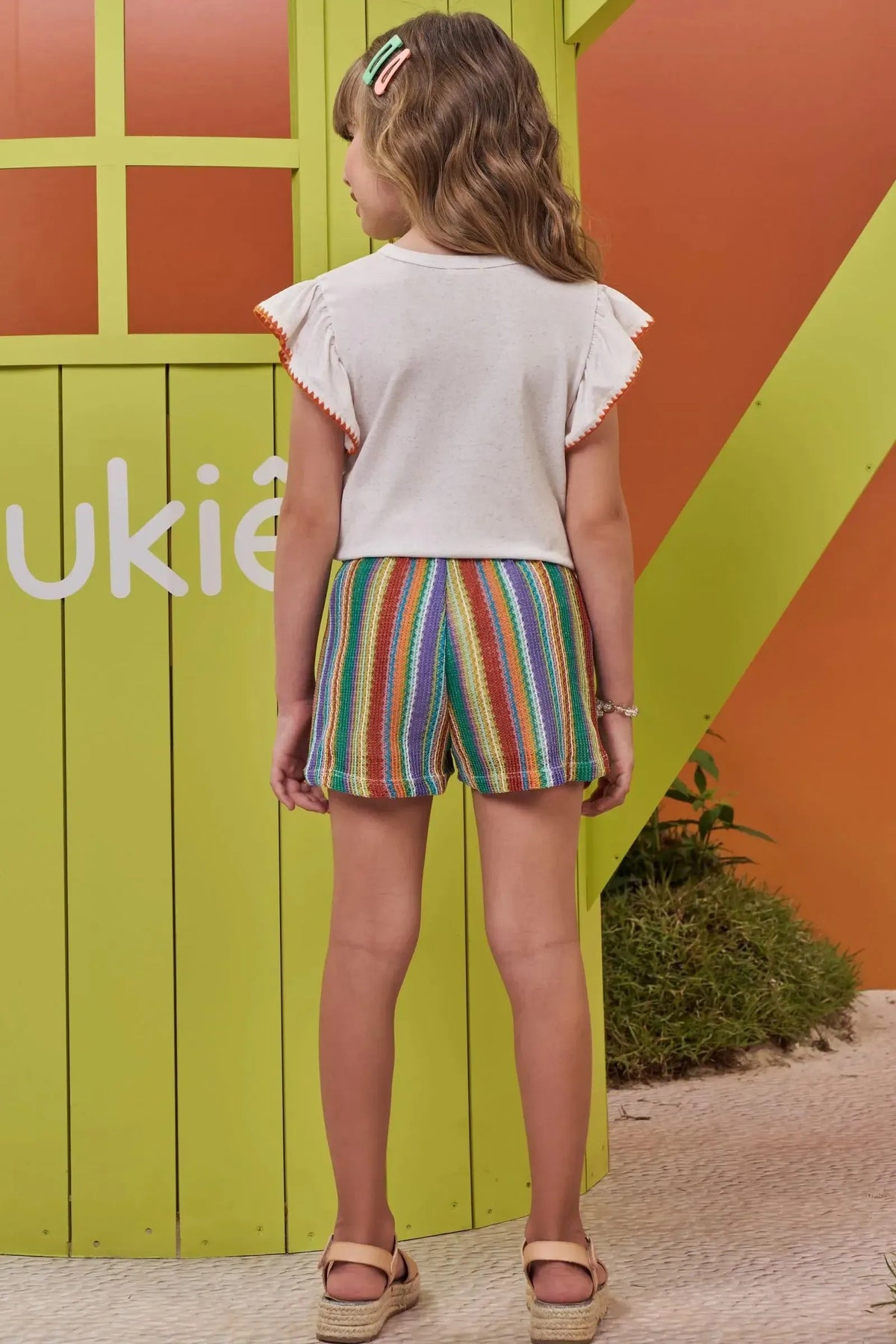 Conjunto de Blusa em Malha Fresh e Shorts em Tecido Tricô 98012 Kukiê Infantil Menina