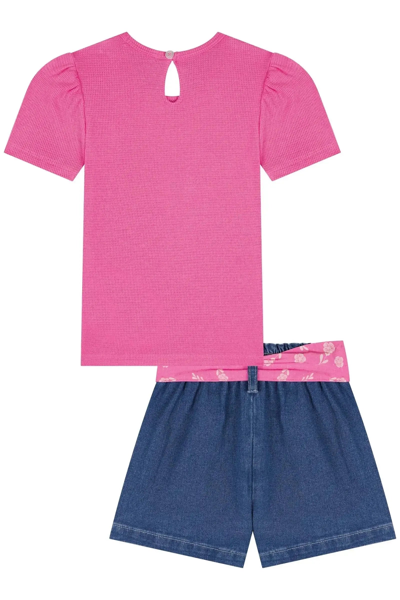 Conjunto de Blusa em Malha Little Waffle e Shorts Jeans com Elastano 85401 Kukiê Infantil Menina