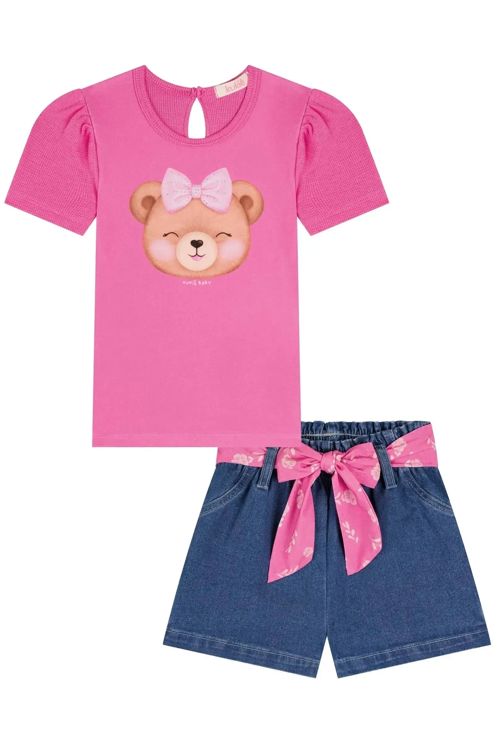 Conjunto de Blusa em Malha Little Waffle e Shorts Jeans com Elastano 85401 Kukiê Infantil Menina