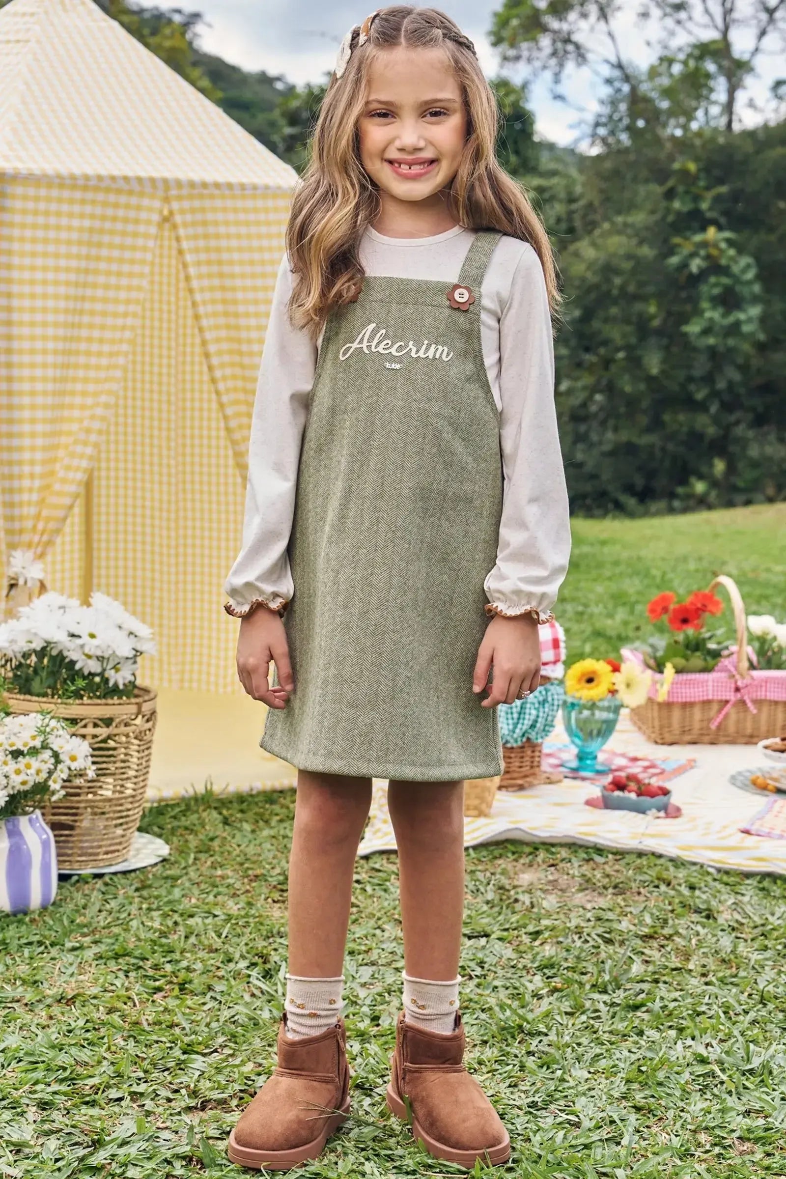 Conjunto de Blusa em Malha Power e Salopete em Tecido Chevron 90267 Kukiê Infantil Menina