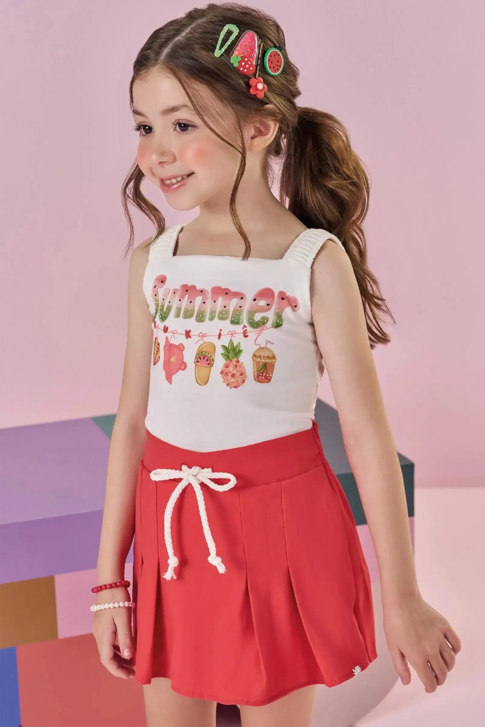 Conjunto de Blusa em Malha Power e Short Saia em Blend de Viscose 88348 Kukiê Infantil Menina