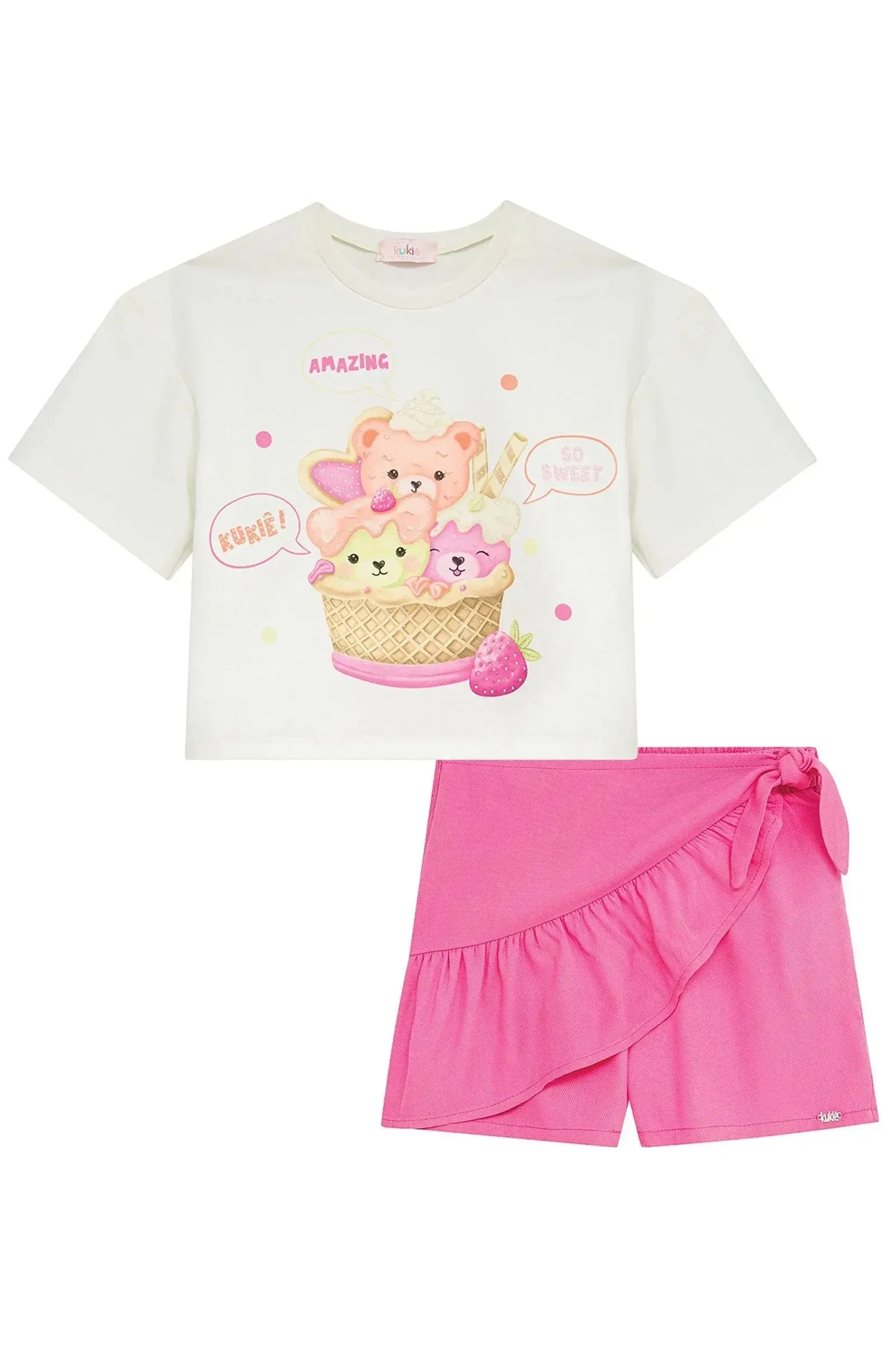 Conjunto de Blusa em Malha Power e Short Saia em Tecido de Viscose 93649 Kukiê Infantil Menina